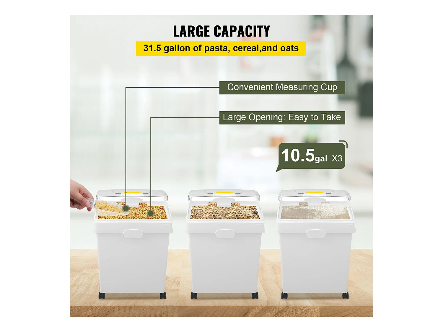 Zutatenbehälter-Set SucceBuy, 40 l, Mehlvorratsbehälter mit Rollen, 3 Stück, Weiß