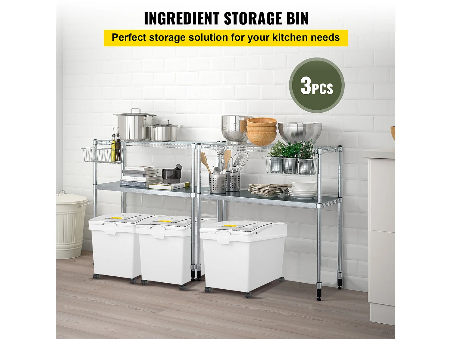 Ensemble de Bacs à Ingrédients SucceBuy, 40L, Bacs de Stockage de Farine avec Roulettes, 3 Pièces, Blanc