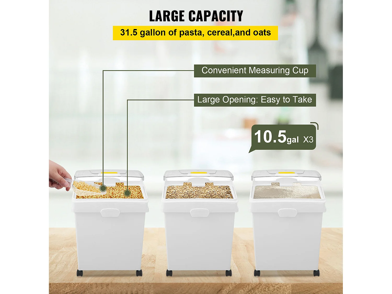 Ensemble de Bacs à Ingrédients SucceBuy, 40L, Bacs de Stockage de Farine avec Roulettes, 3 Pièces, Blanc