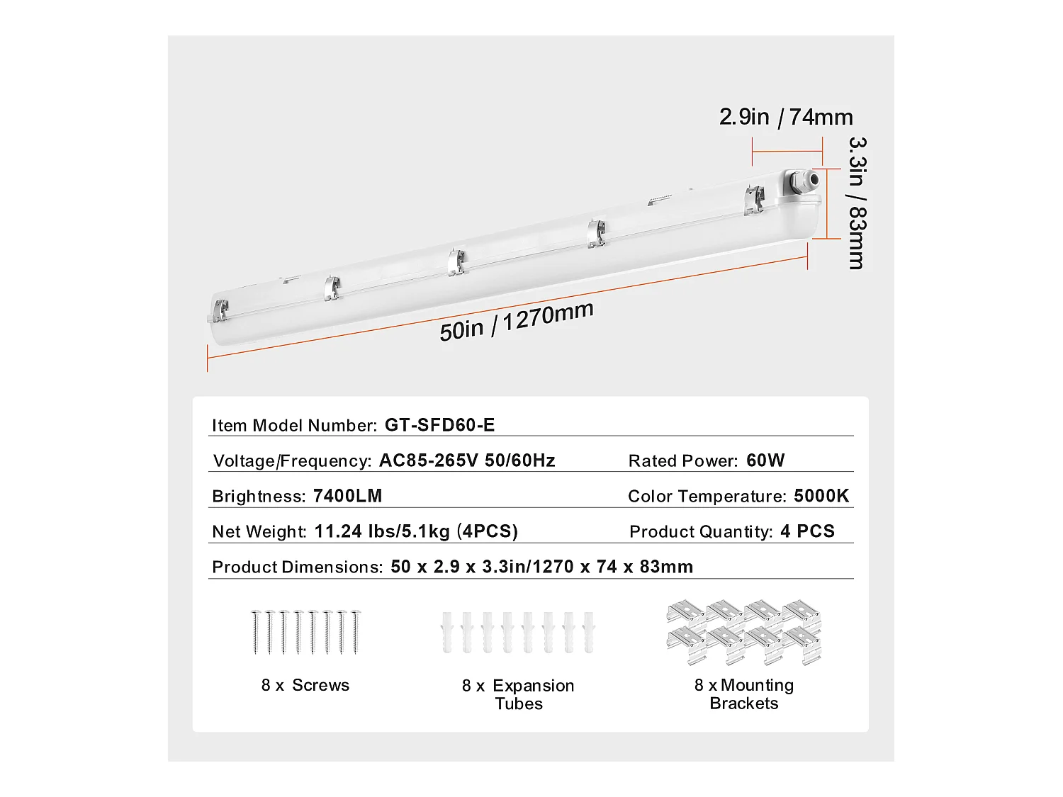 Lampes LED Étanches à la Vapeur SucceBuy, 60 W, 7400 lm, 5000 K, Lot de 4