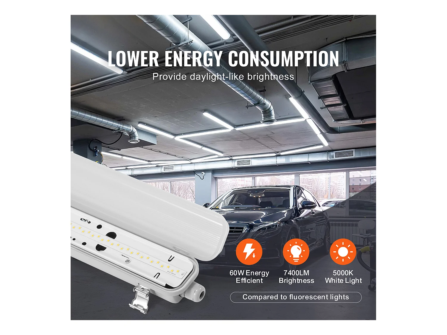 Dampdichte LED-Lampen SucceBuy, 60 W, 7400 lm, 5000 K, Set van 4