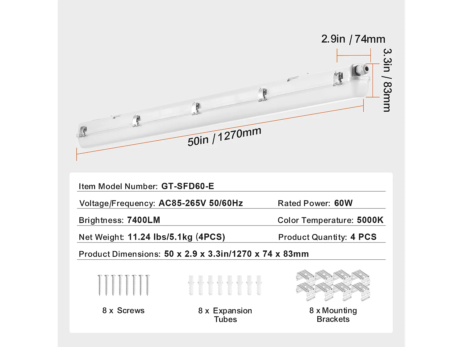 Lampes LED Étanches à la Vapeur SucceBuy, 60 W, 7400 lm, 5000 K, Lot de 4