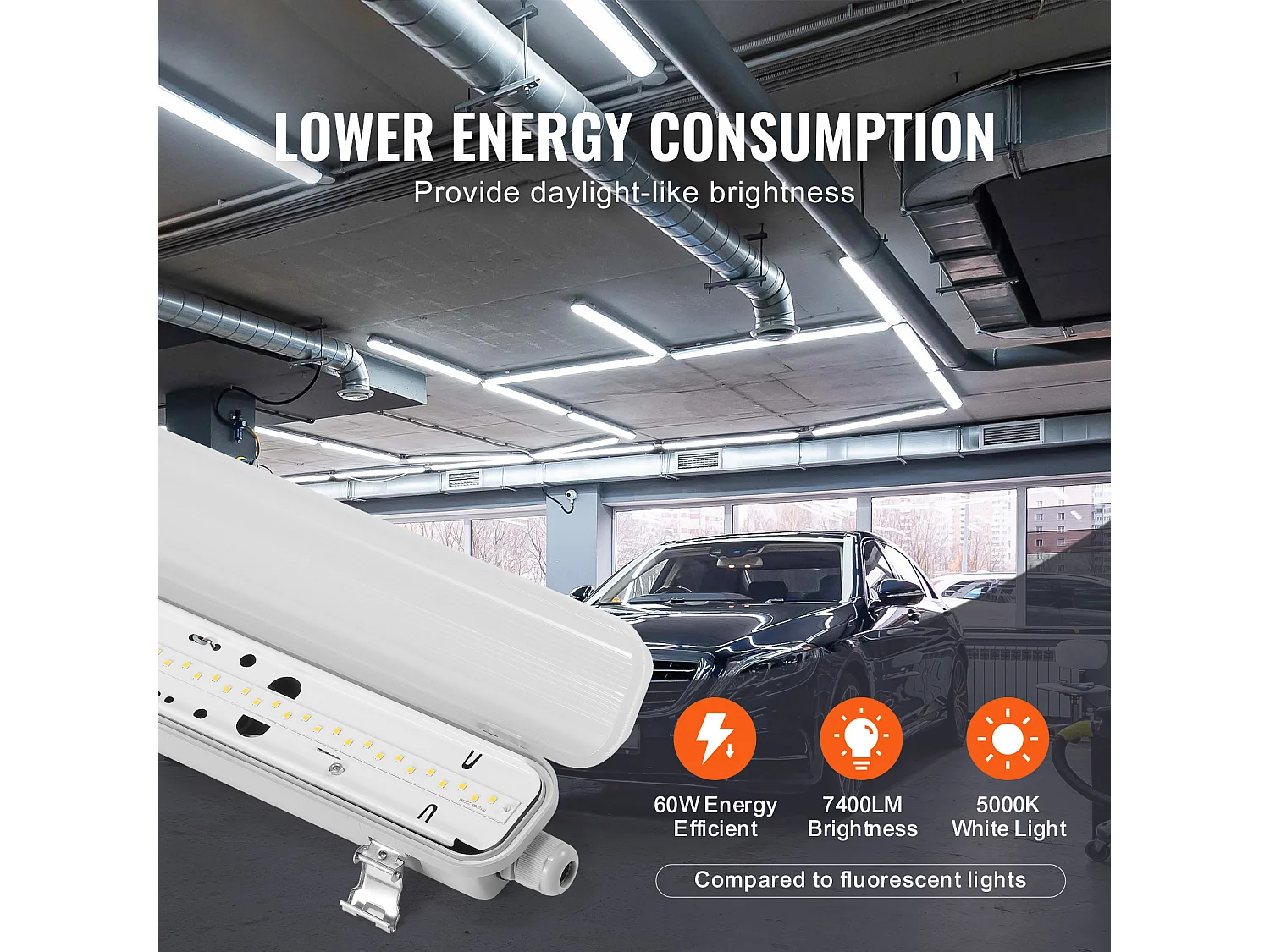 Lampes LED Étanches à la Vapeur SucceBuy, 60 W, 7400 lm, 5000 K, Lot de 4