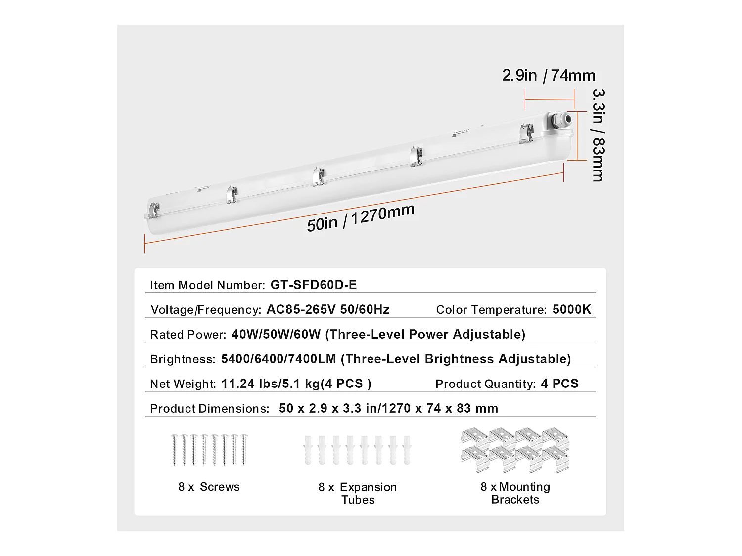 Dampdichte LED-Lampen SucceBuy, 60 W/50 W/40 W, 5400-7400 lm, Set van 4