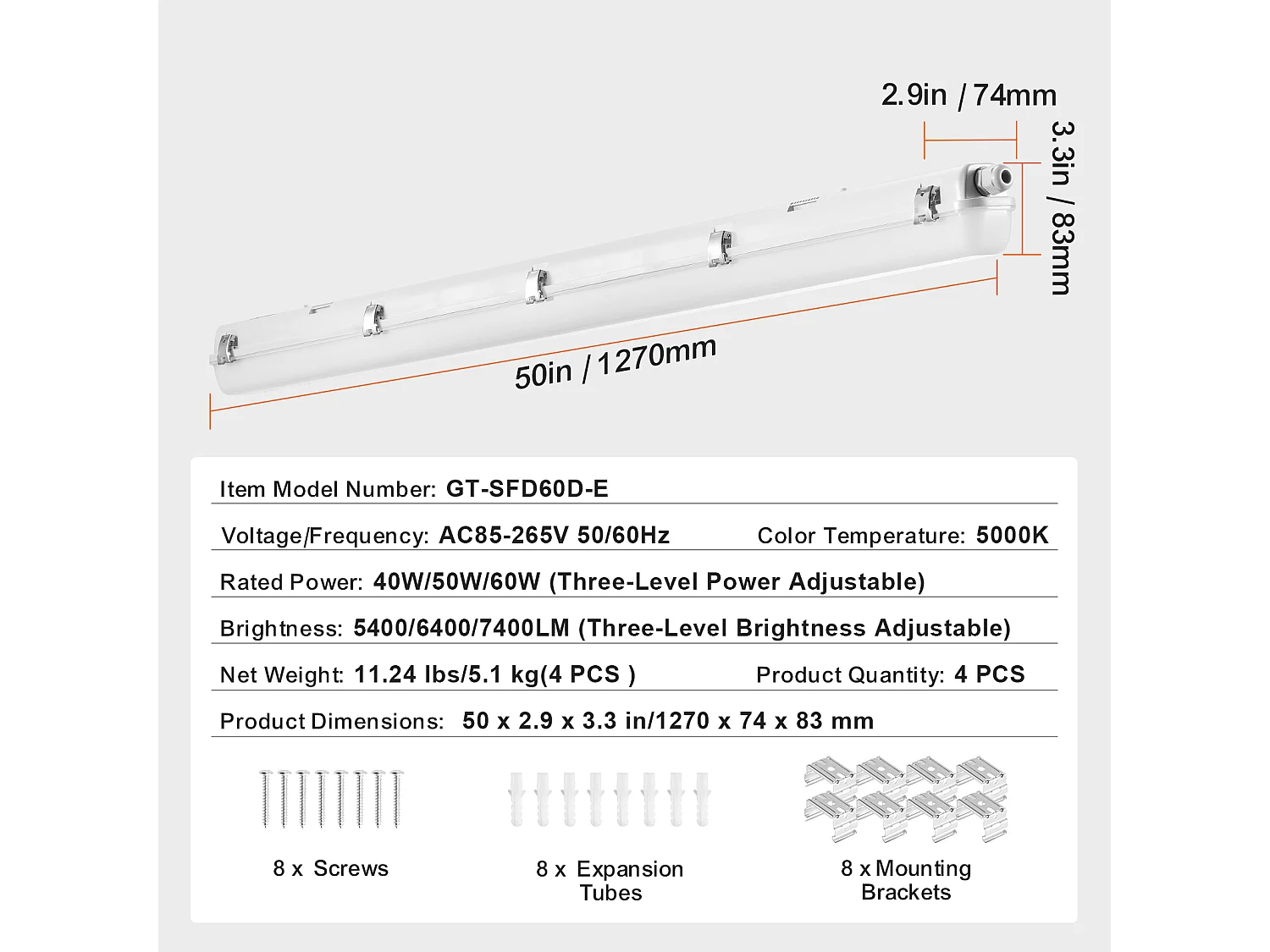 Lampes LED Étanches à la Vapeur SucceBuy, 60 W/50 W/40 W, 5400-7400 lm, Lot de 4