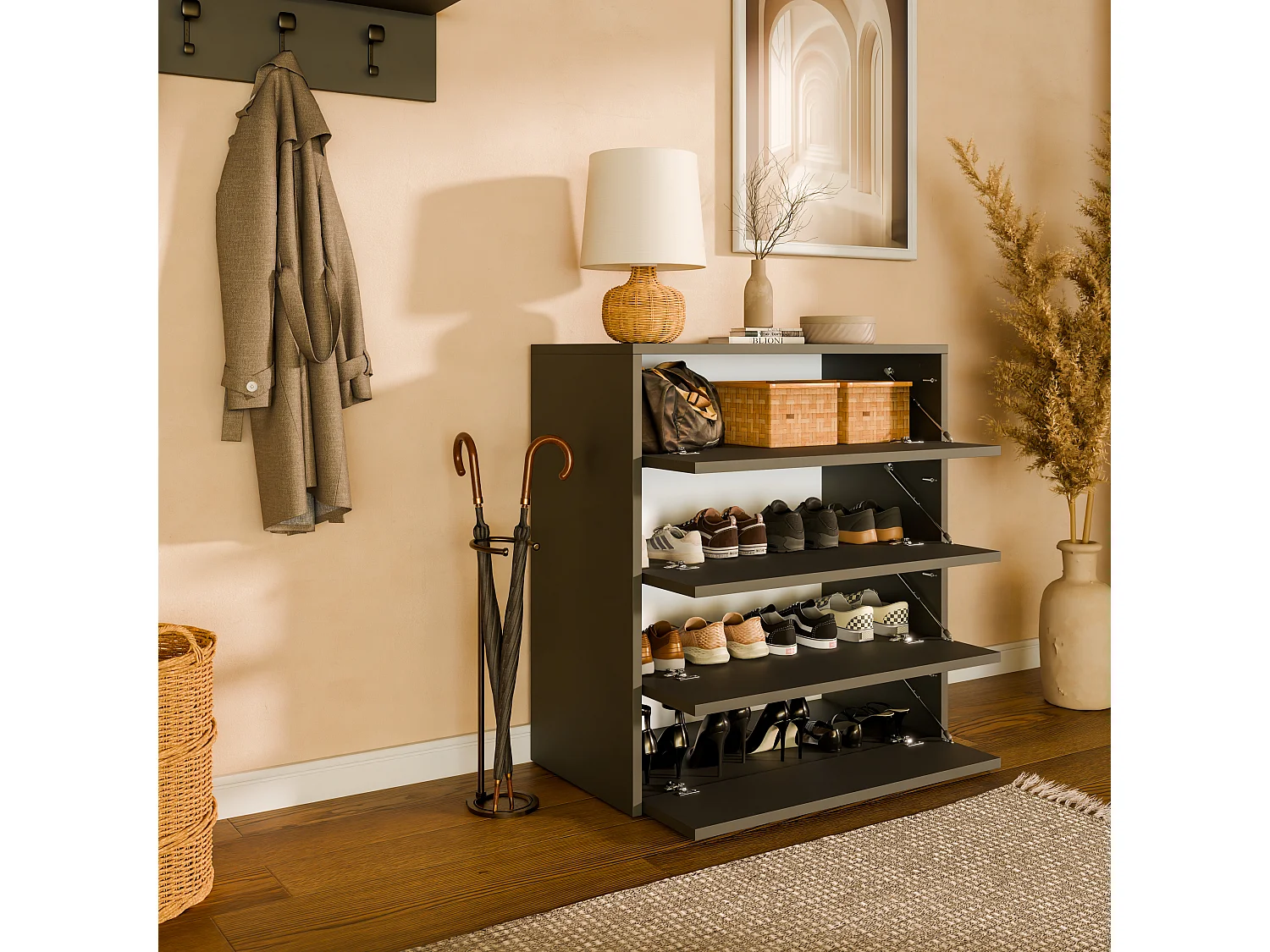 Schuhschrank 80 cm – Schuhkommode mit 2/4 Klappen, Flurkommode, Stauraum für bis zu 16 Paar Schuhe