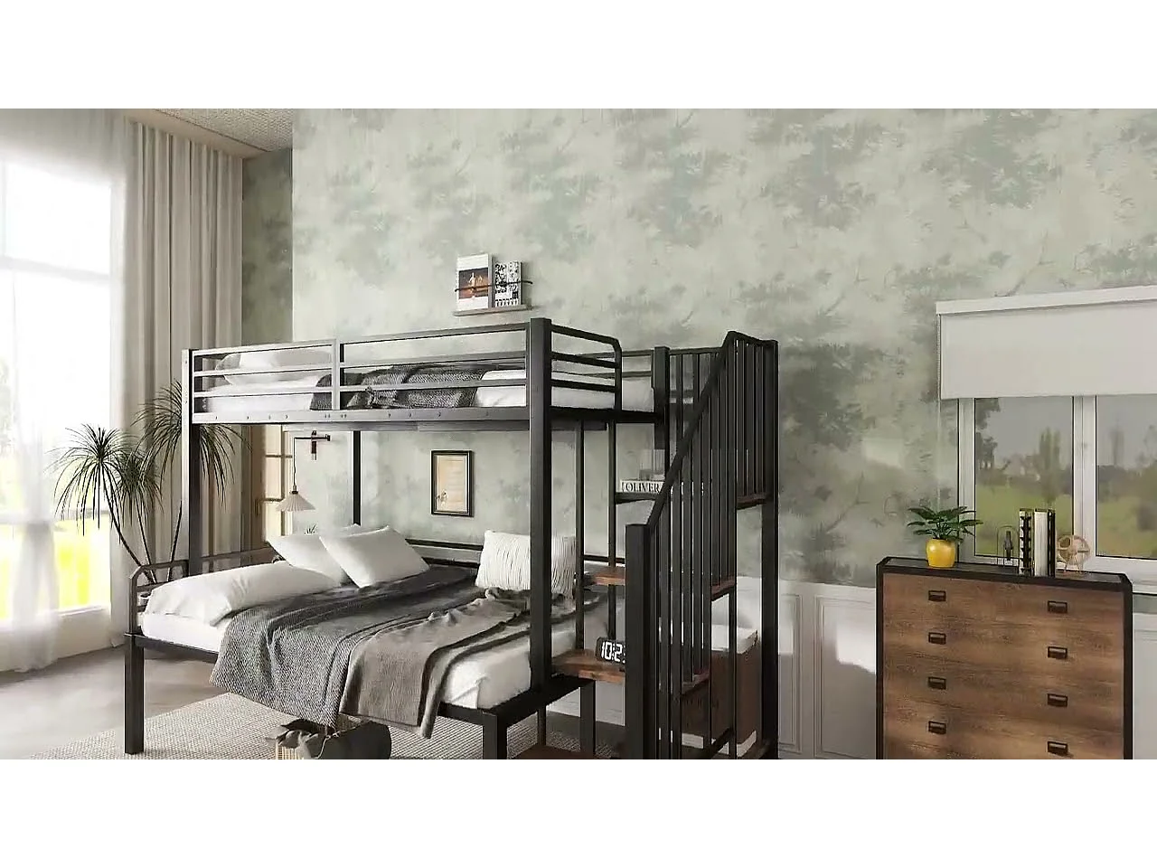 Lit superposé 90x200cm + 120x200cm - échelle de sécurité 4 marches - Métal + MDF - Noir + Naturel