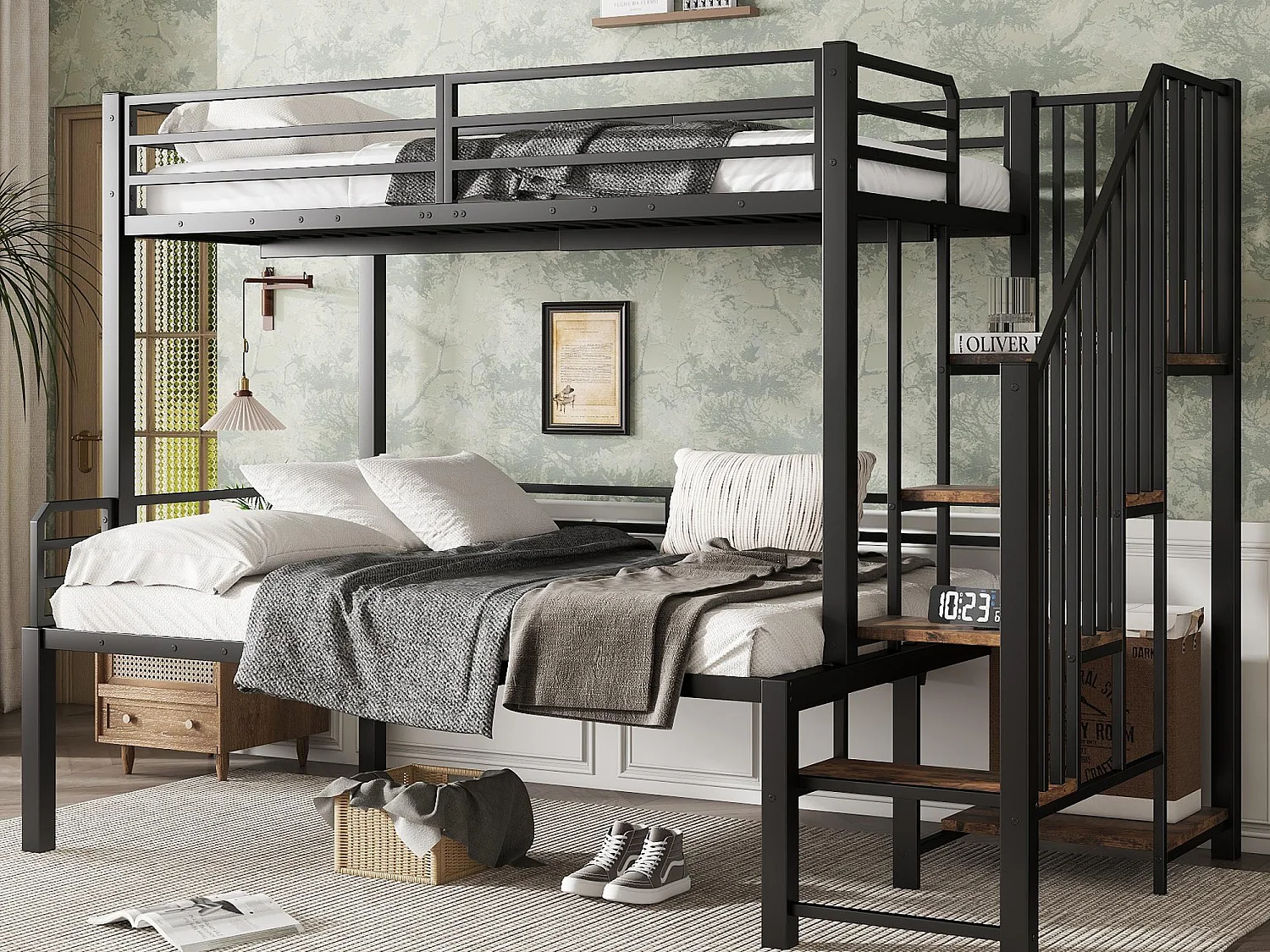 Lit superposé 90x200cm + 120x200cm - échelle de sécurité 4 marches - Métal + MDF - Noir + Naturel