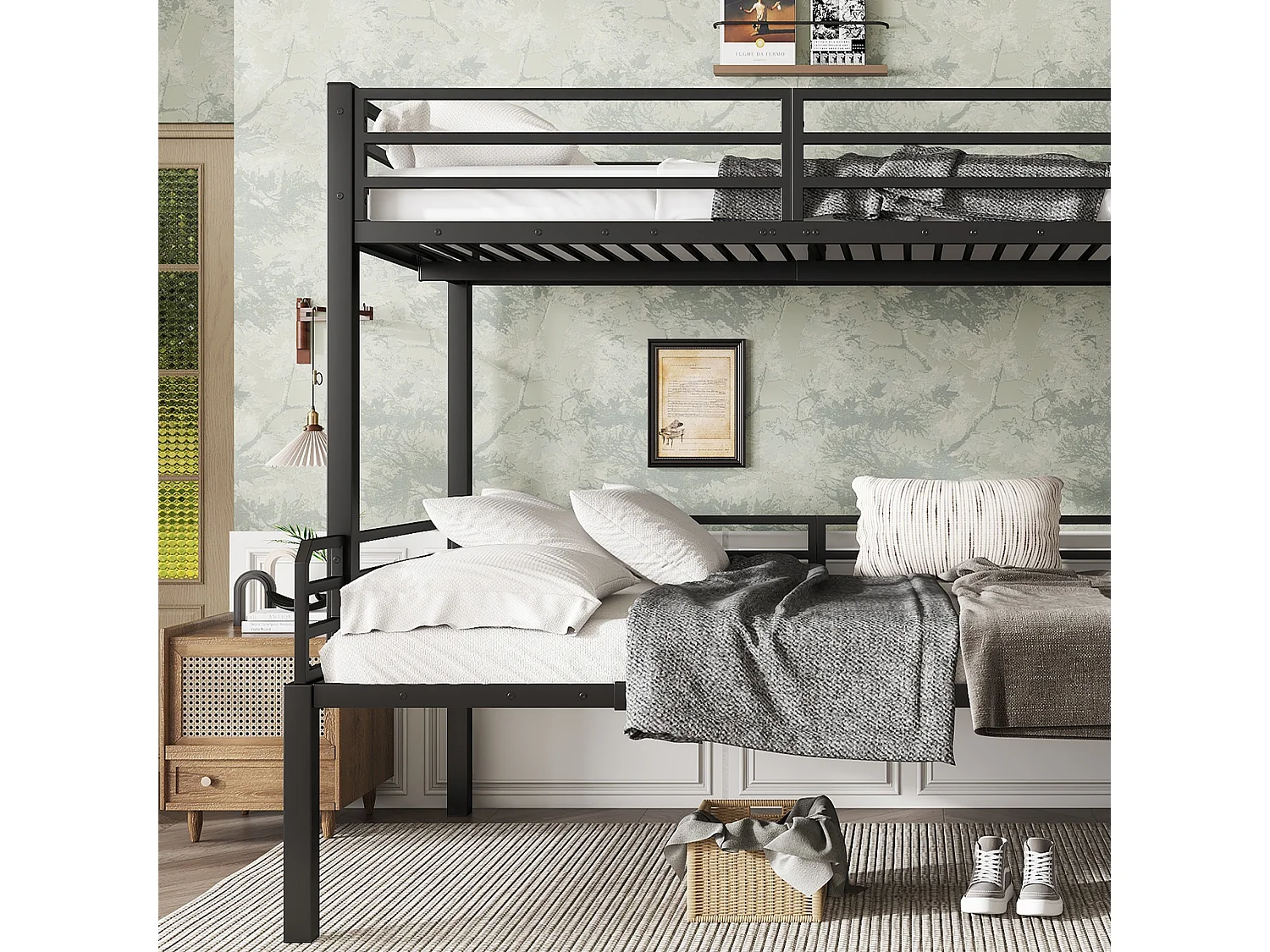 Lit superposé 90x200cm + 120x200cm - échelle de sécurité 4 marches - Métal + MDF - Noir + Naturel