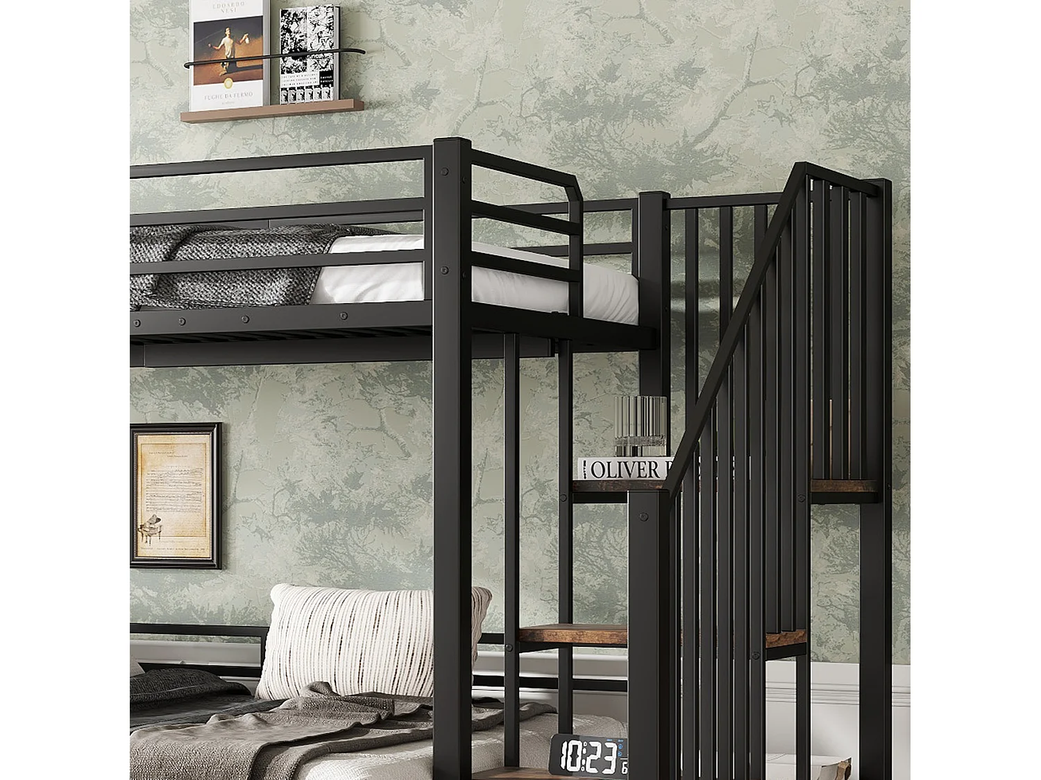 Lit superposé 90x200cm + 120x200cm - échelle de sécurité 4 marches - Métal + MDF - Noir + Naturel