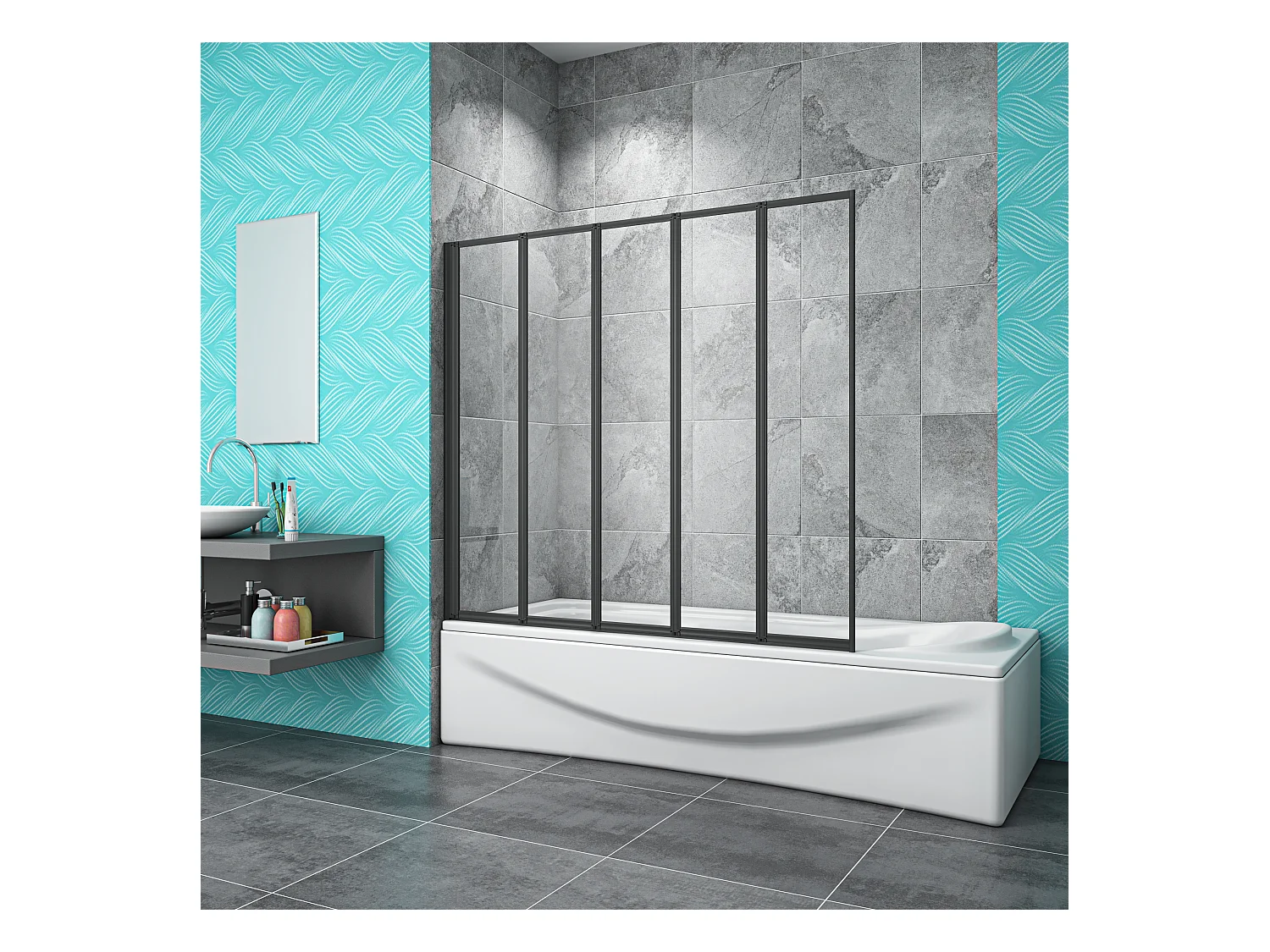 4mm 5-teilig schwarz Duschwand Trennwand Faltwand