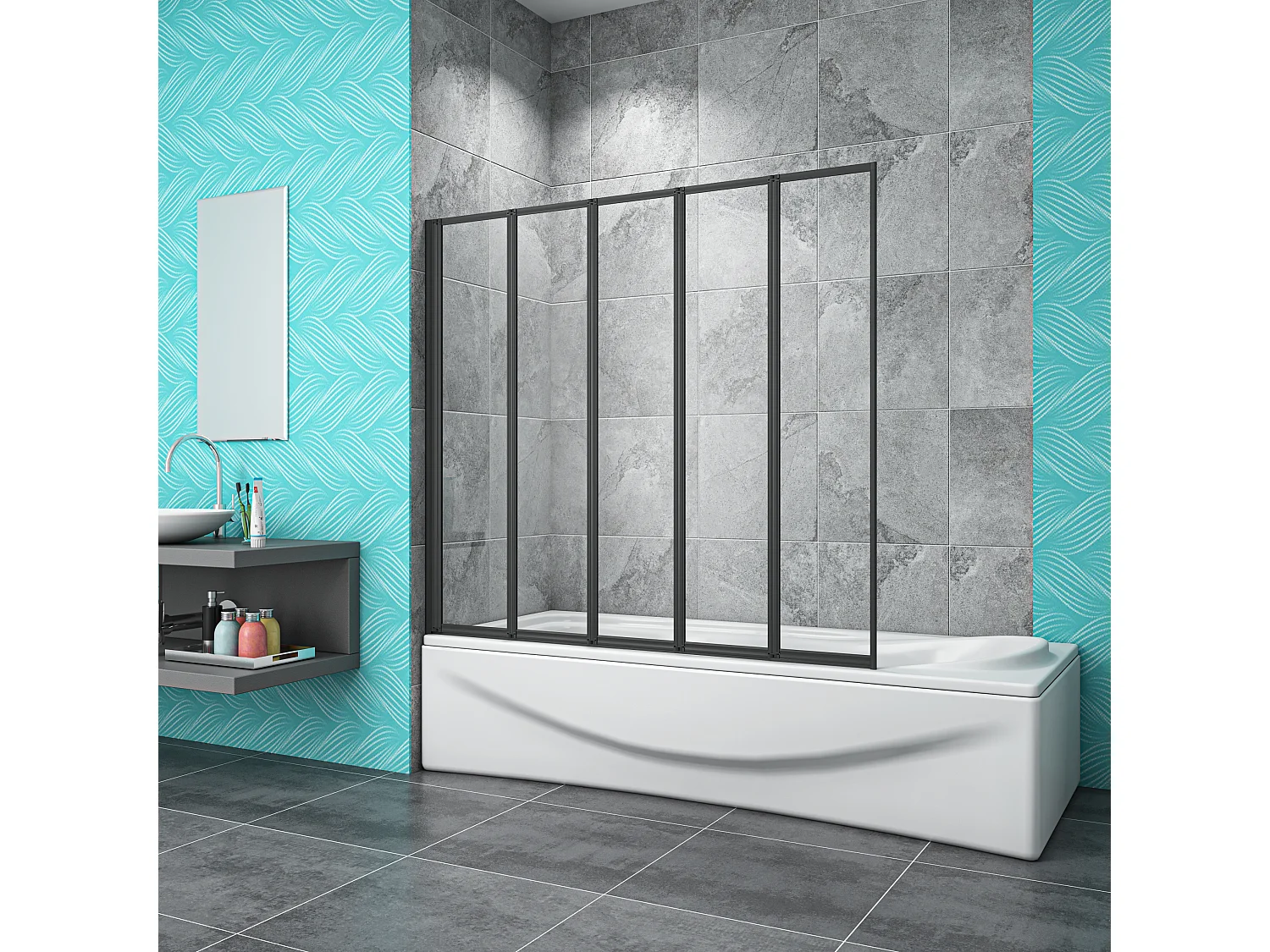 4mm 5-teilig schwarz Duschwand Trennwand Faltwand