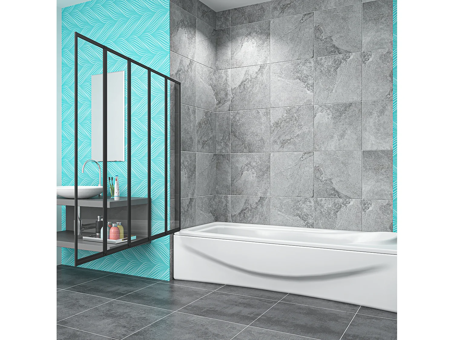 4mm 5-teilig schwarz Duschwand Trennwand Faltwand