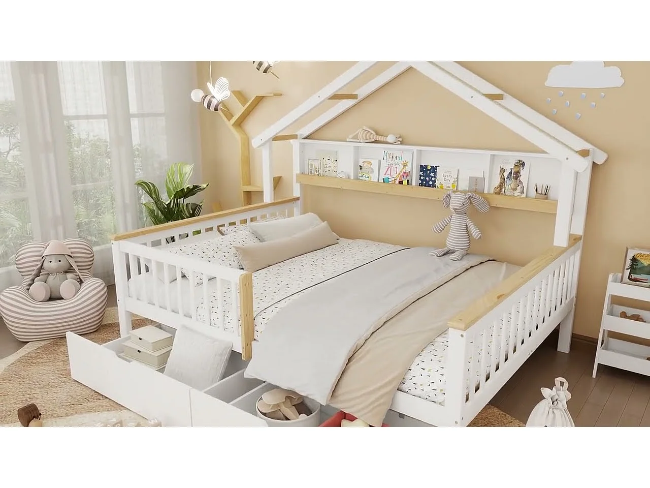 Kinderbed 140×200 cm - met 2 laden - met dakvorm - met opbergruimte - MDF + Massief hout - wit