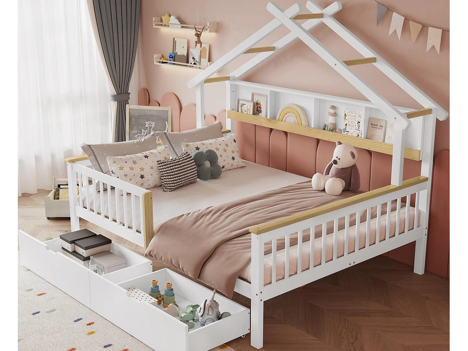 Kinderbed 140×200 cm - met 2 laden - met dakvorm - met opbergruimte - MDF + Massief hout - wit