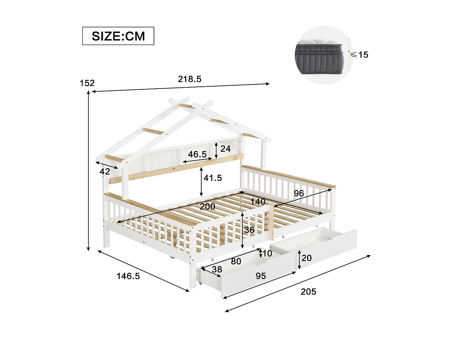 Kinderbed 140×200 cm - met 2 laden - met dakvorm - met opbergruimte - MDF + Massief hout - wit