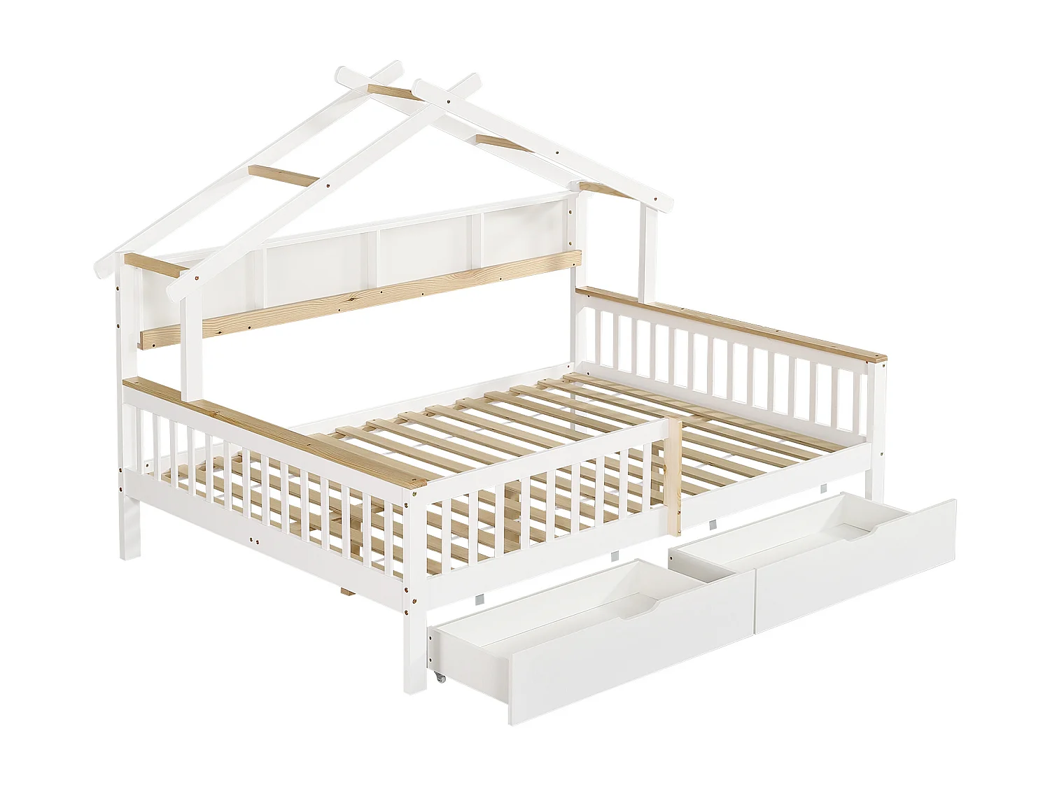 Kinderbed 140×200 cm - met 2 laden - met dakvorm - met opbergruimte - MDF + Massief hout - wit