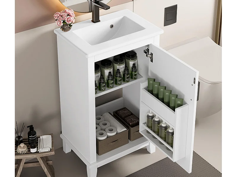 Badezimmerschrank mit Füßen - mit Keramikwaschbecken - 1 Tür - höhenverstellbare Fächer - Weiß (Armatur nicht enthalten)