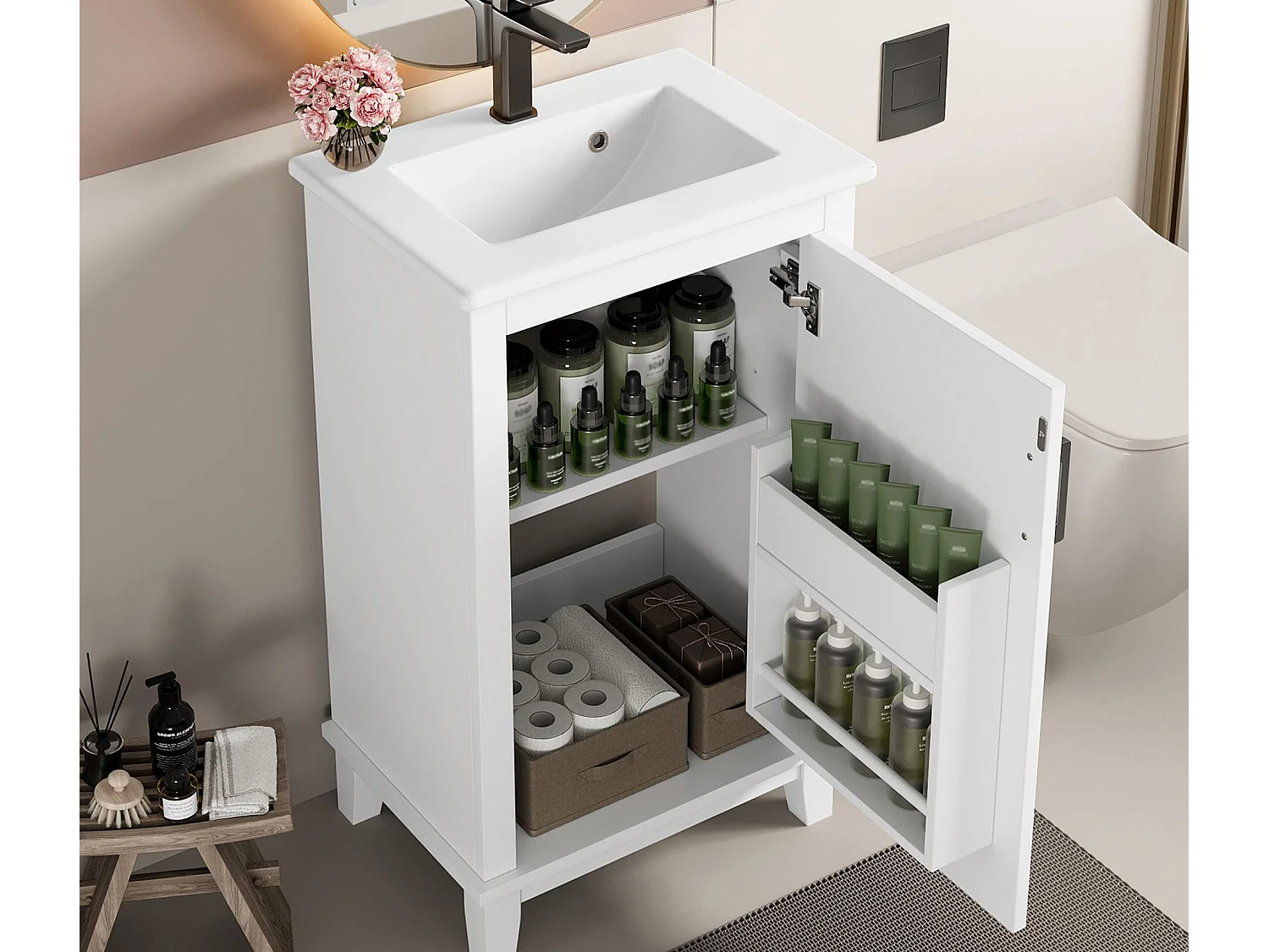 Meuble de salle de bain sur pied - avec une vasque en céramique - 1 porte - étagères réglables - Blanc(robinet non inclus)