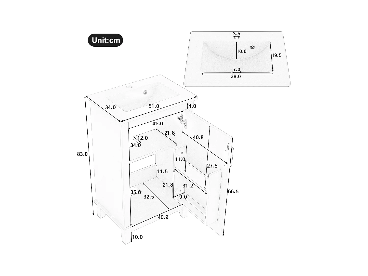 Meuble de salle de bain sur pied - avec une vasque en céramique - 1 porte - étagères réglables - Blanc(robinet non inclus)