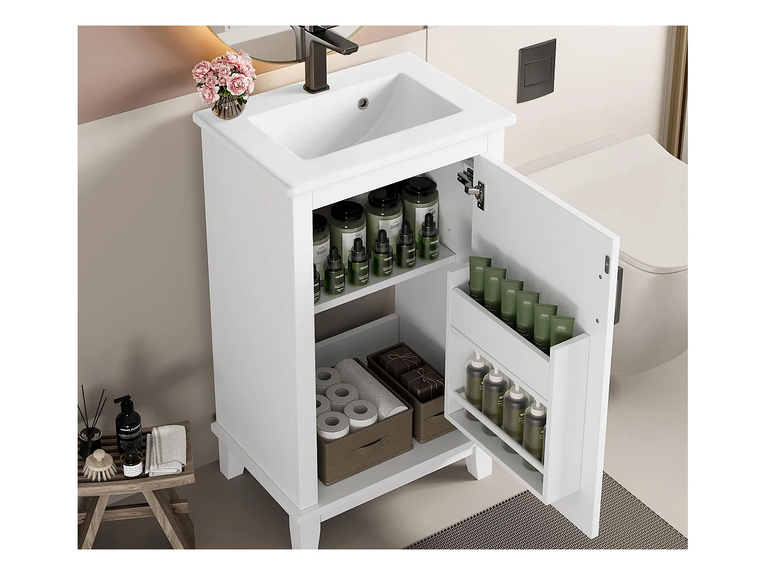 Meuble de salle de bain sur pied - avec une vasque en céramique - 1 porte - étagères réglables - Blanc(robinet non inclus)