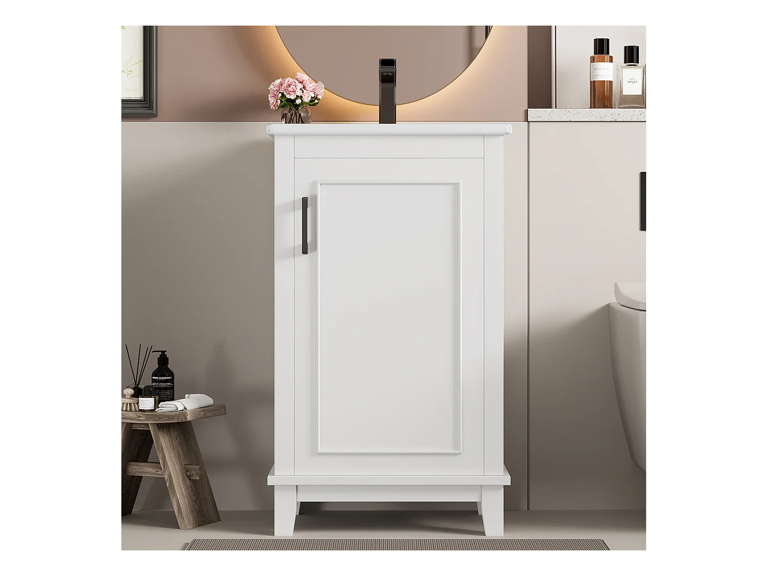 Meuble de salle de bain sur pied - avec une vasque en céramique - 1 porte - étagères réglables - Blanc(robinet non inclus)