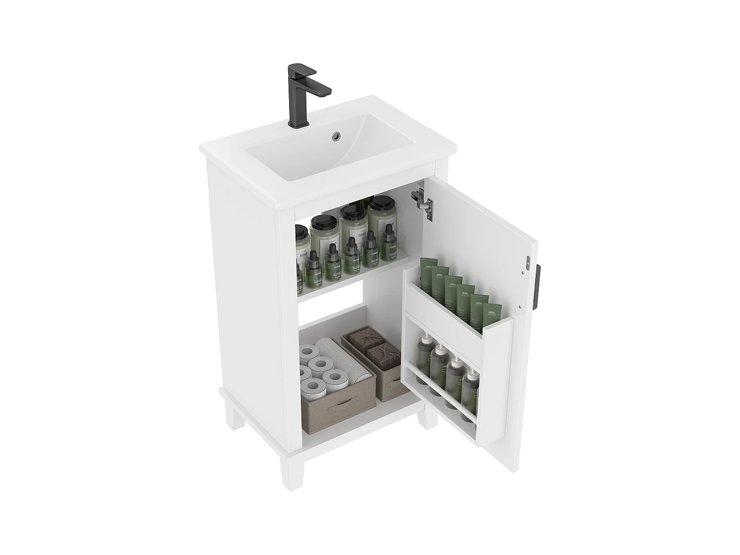 Meuble de salle de bain sur pied - avec une vasque en céramique - 1 porte - étagères réglables - Blanc(robinet non inclus)