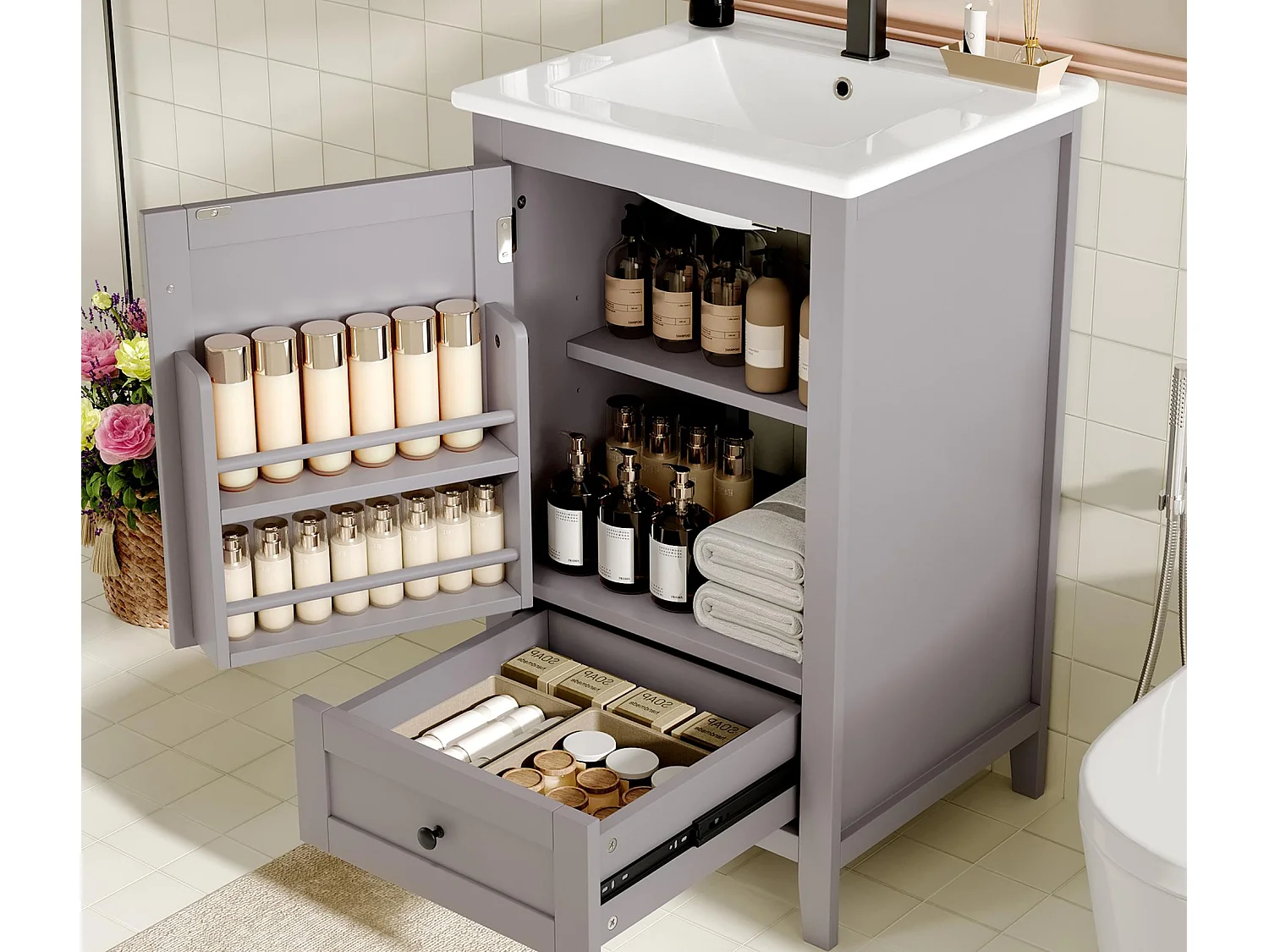 Meuble de salle de bain sur pied - avec une vasque en céramique - 1 porte et 1 tiroir - Gris(robinet non inclus)