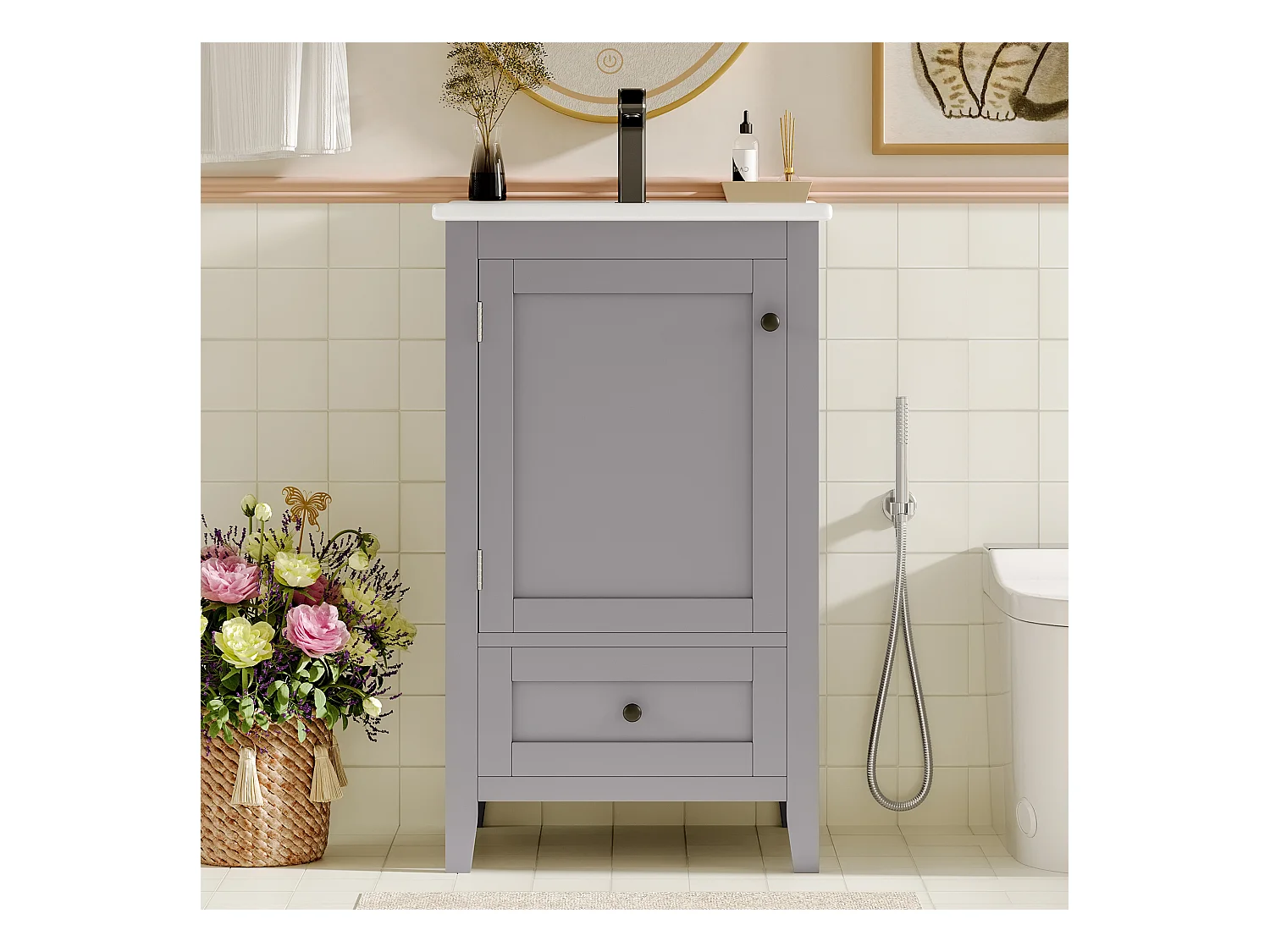 Meuble de salle de bain sur pied - avec une vasque en céramique - 1 porte et 1 tiroir - Gris(robinet non inclus)