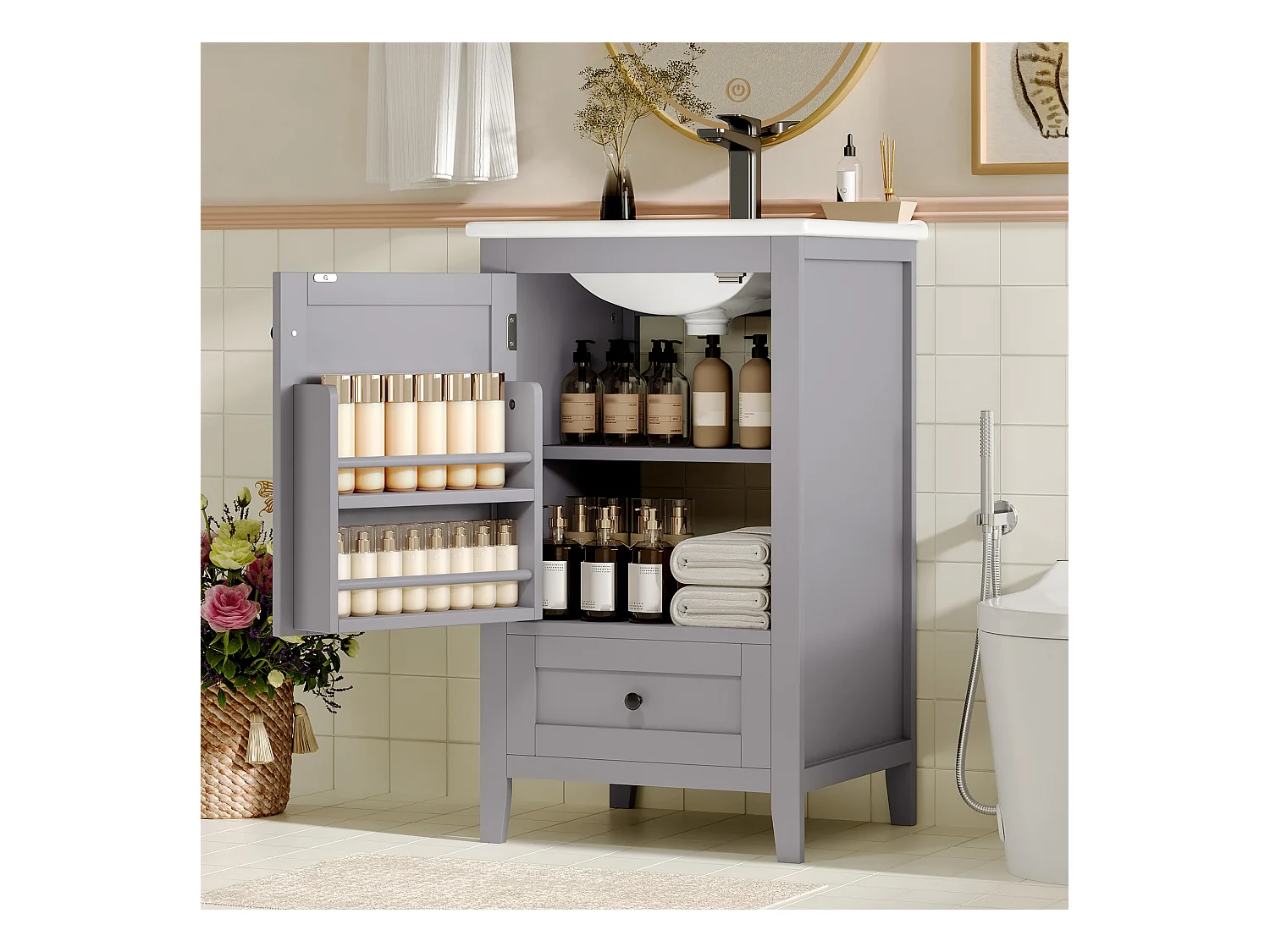 Meuble de salle de bain sur pied - avec une vasque en céramique - 1 porte et 1 tiroir - Gris(robinet non inclus)