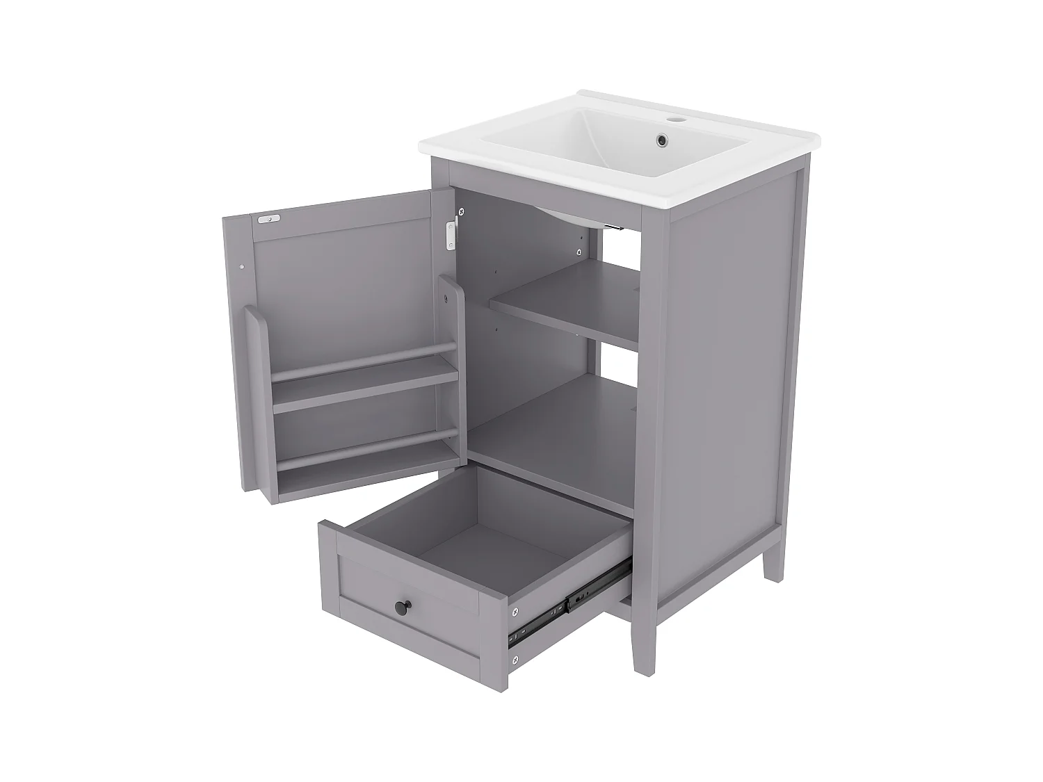 Meuble de salle de bain sur pied - avec une vasque en céramique - 1 porte et 1 tiroir - Gris(robinet non inclus)