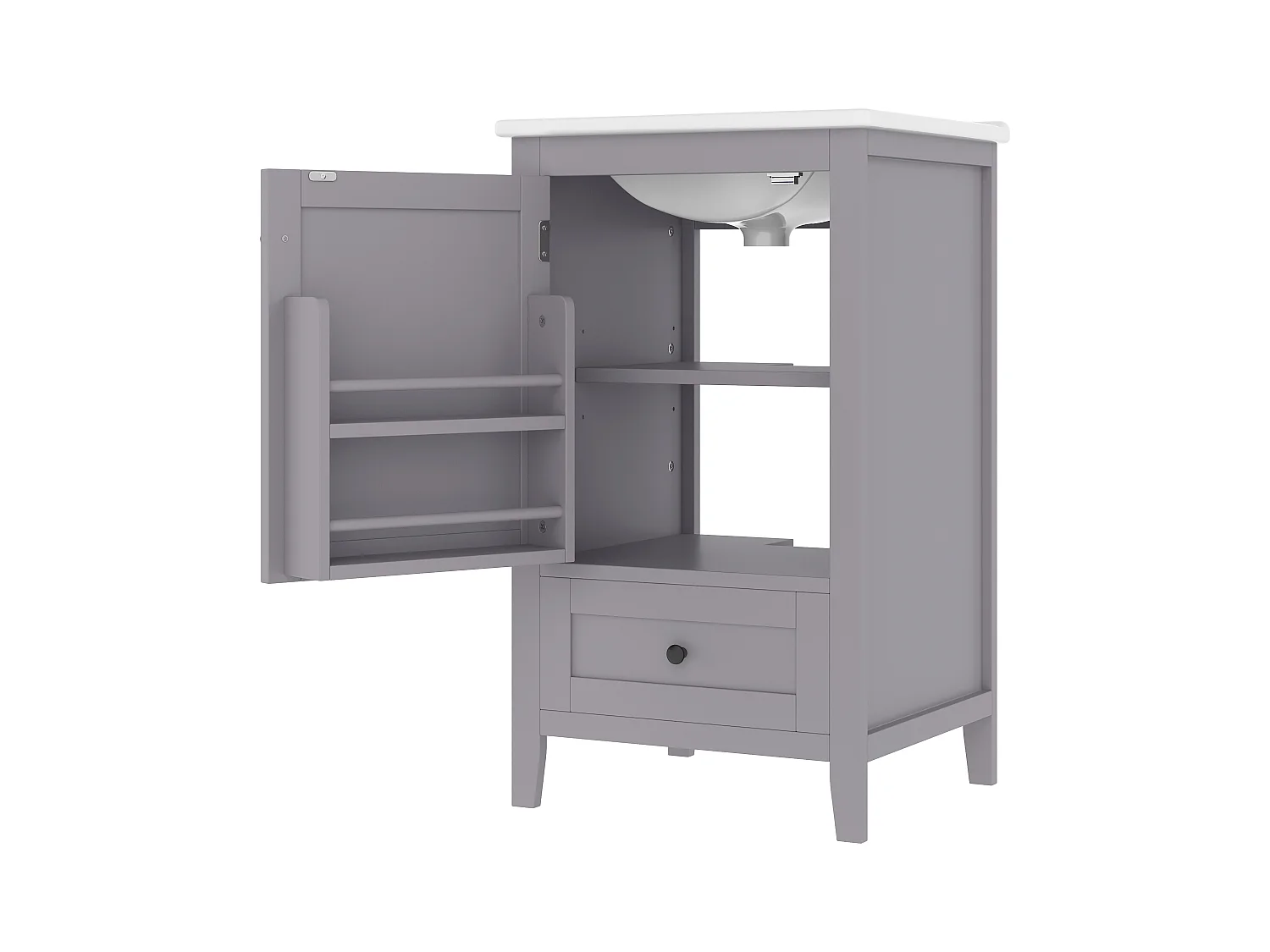 Meuble de salle de bain sur pied - avec une vasque en céramique - 1 porte et 1 tiroir - Gris(robinet non inclus)