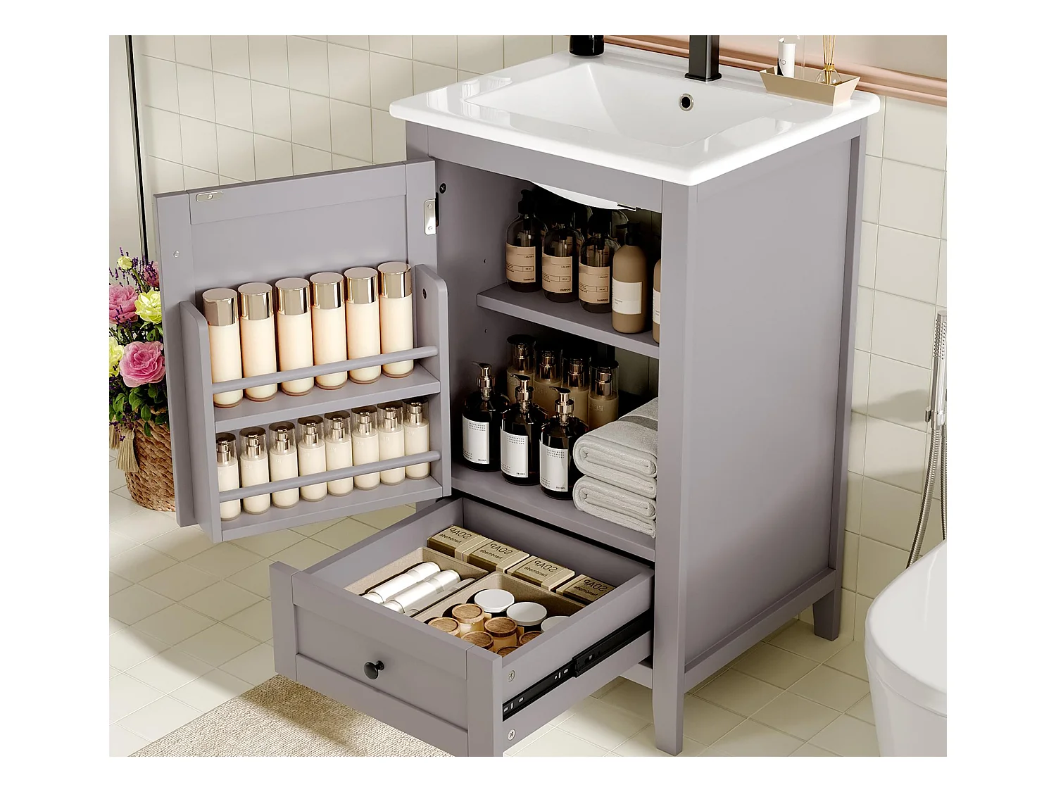 Meuble de salle de bain sur pied - avec une vasque en céramique - 1 porte et 1 tiroir - Gris(robinet non inclus)