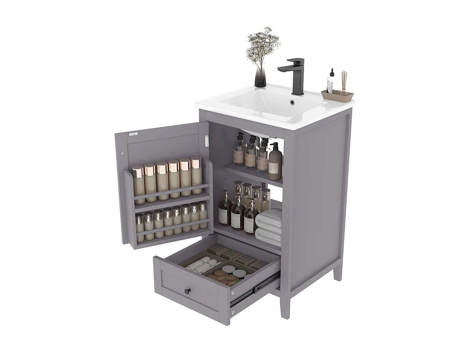 Meuble de salle de bain sur pied - avec une vasque en céramique - 1 porte et 1 tiroir - Gris(robinet non inclus)