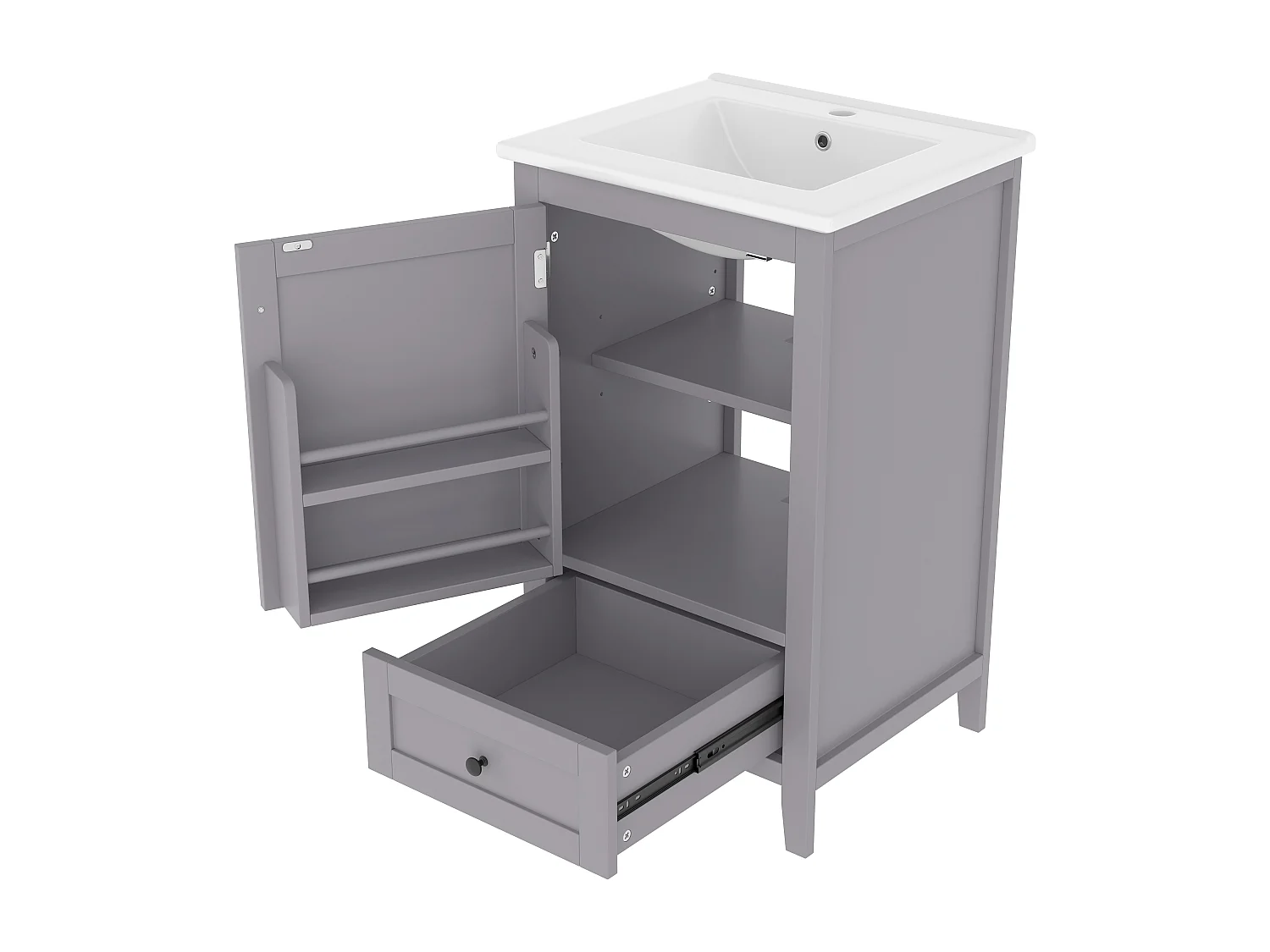 Meuble de salle de bain sur pied - avec une vasque en céramique - 1 porte et 1 tiroir - Gris(robinet non inclus)