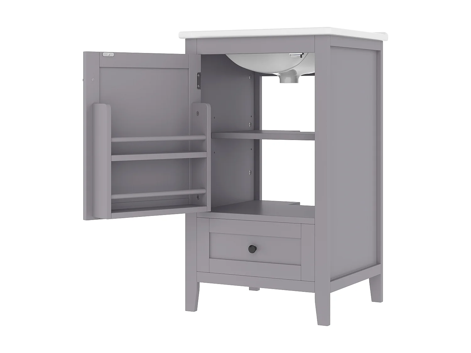 Meuble de salle de bain sur pied - avec une vasque en céramique - 1 porte et 1 tiroir - Gris(robinet non inclus)