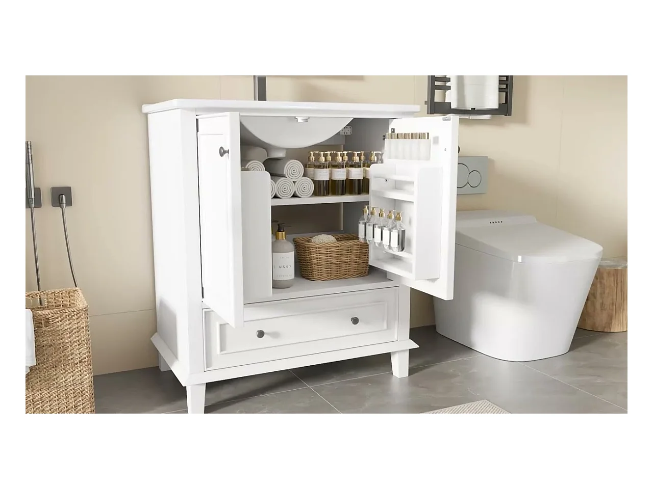 Meuble de salle de bain sur pied - avec une vasque en céramique - 2 portes et 1 tiroir - Blanc(robinet non inclus)