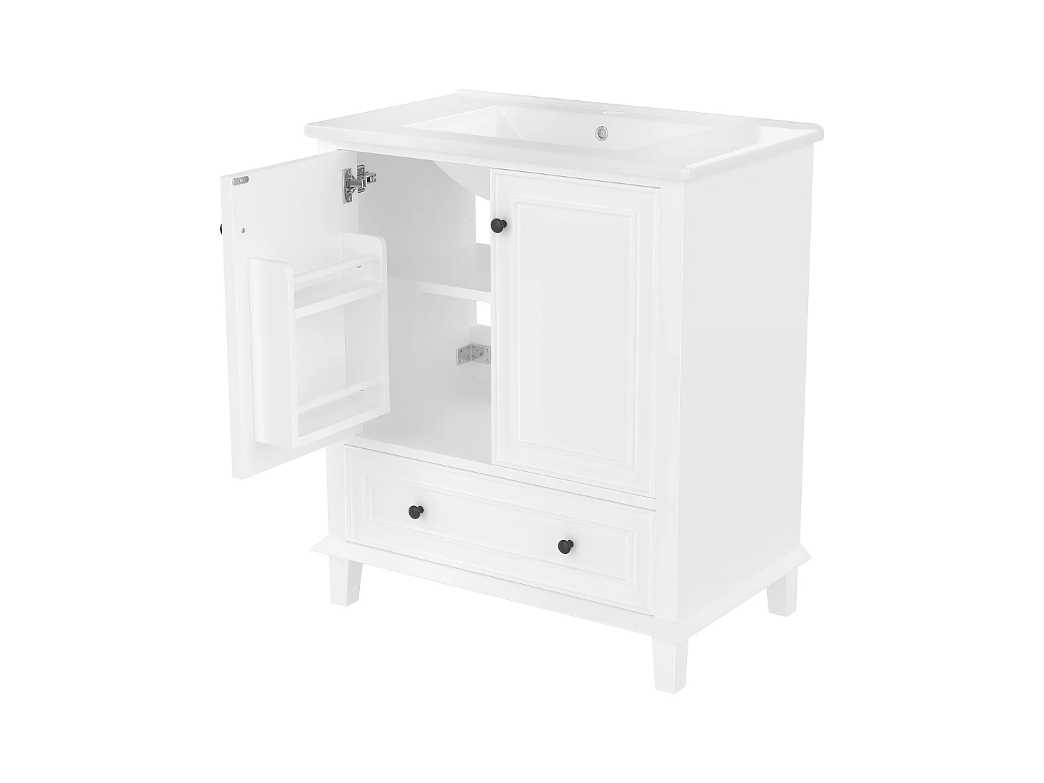 Badezimmerschrank mit Füßen - mit Keramikwaschbecken - 2 Türen und 1 Schublade - Weiß (Armatur nicht enthalten)