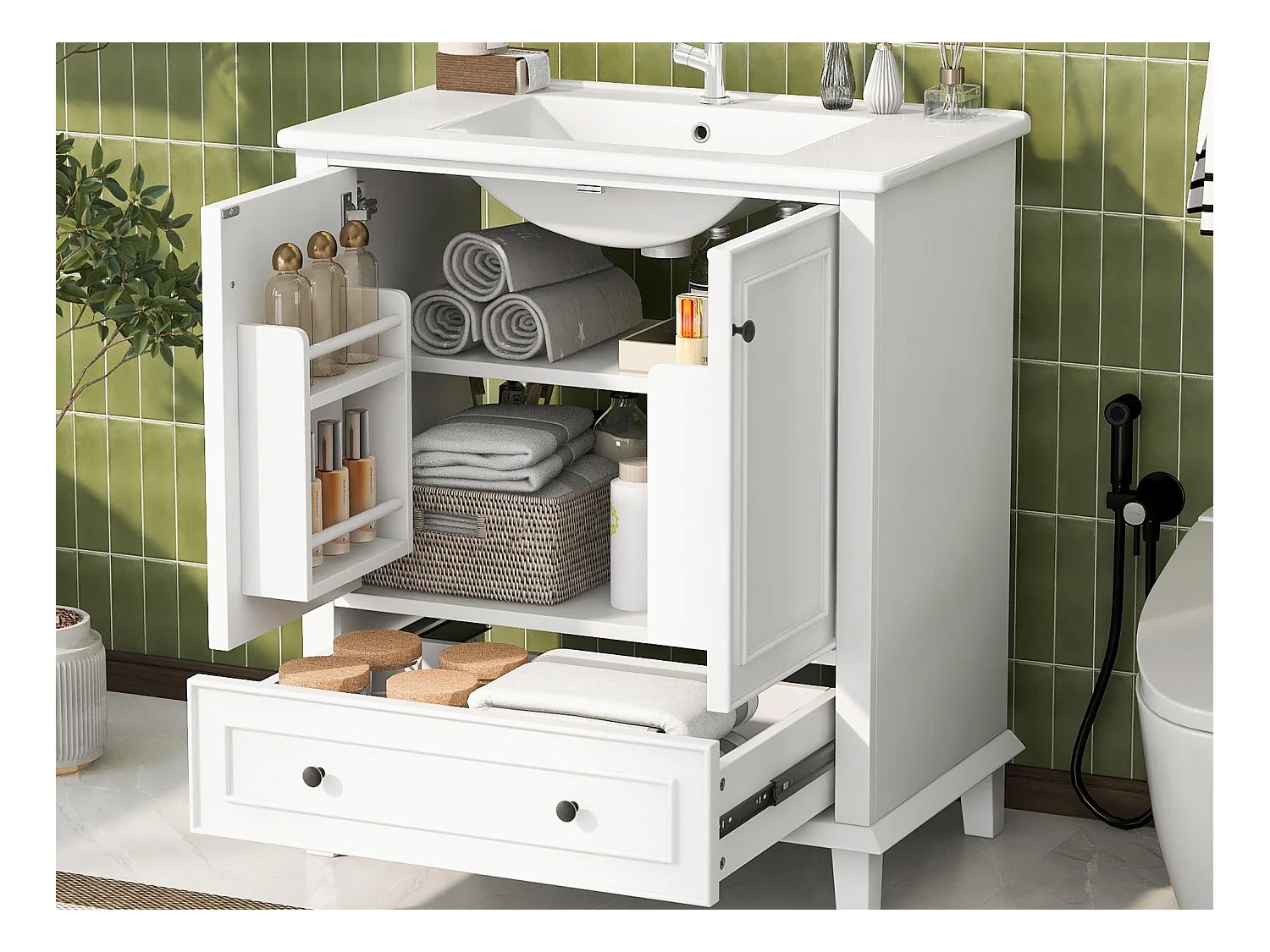 Mueble de baño con patas - con lavabo de cerámica - 2 puertas y 1 cajón - Blanco (grifo no incluido)