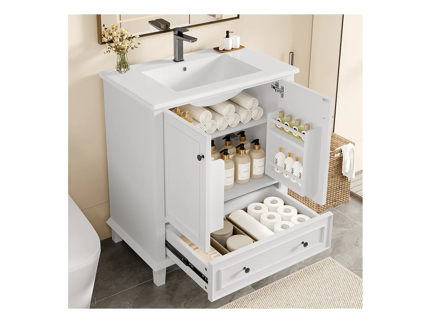 Mueble de baño con patas - con lavabo de cerámica - 2 puertas y 1 cajón - Blanco (grifo no incluido)