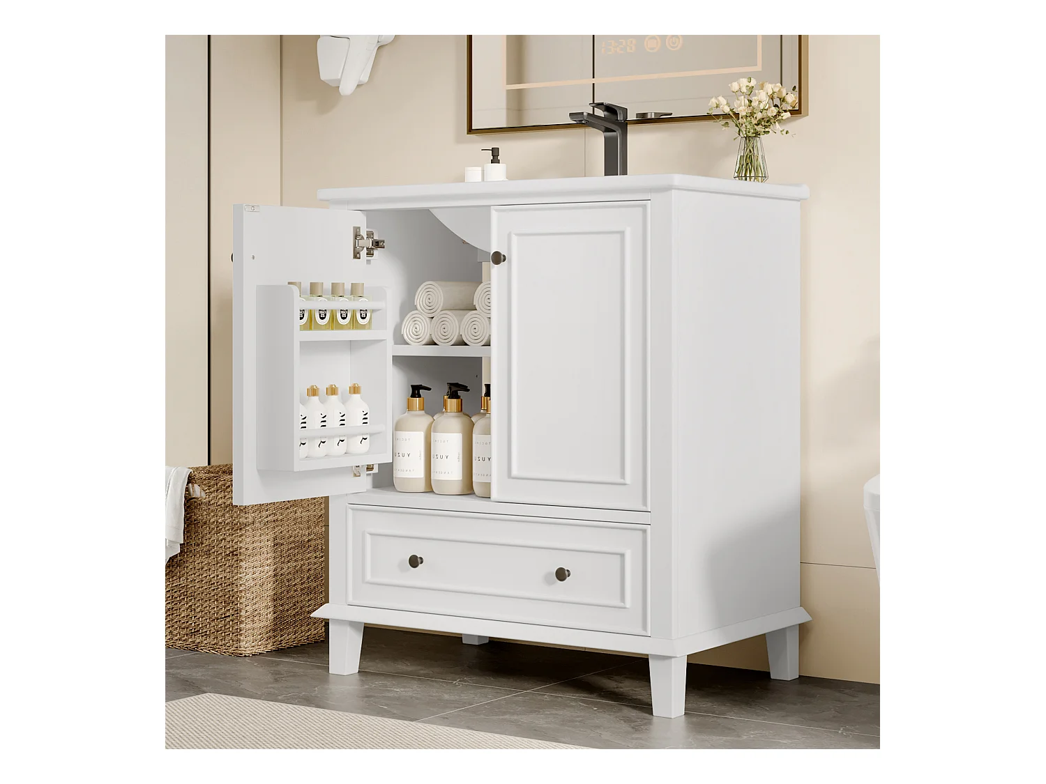 Mueble de baño con patas - con lavabo de cerámica - 2 puertas y 1 cajón - Blanco (grifo no incluido)