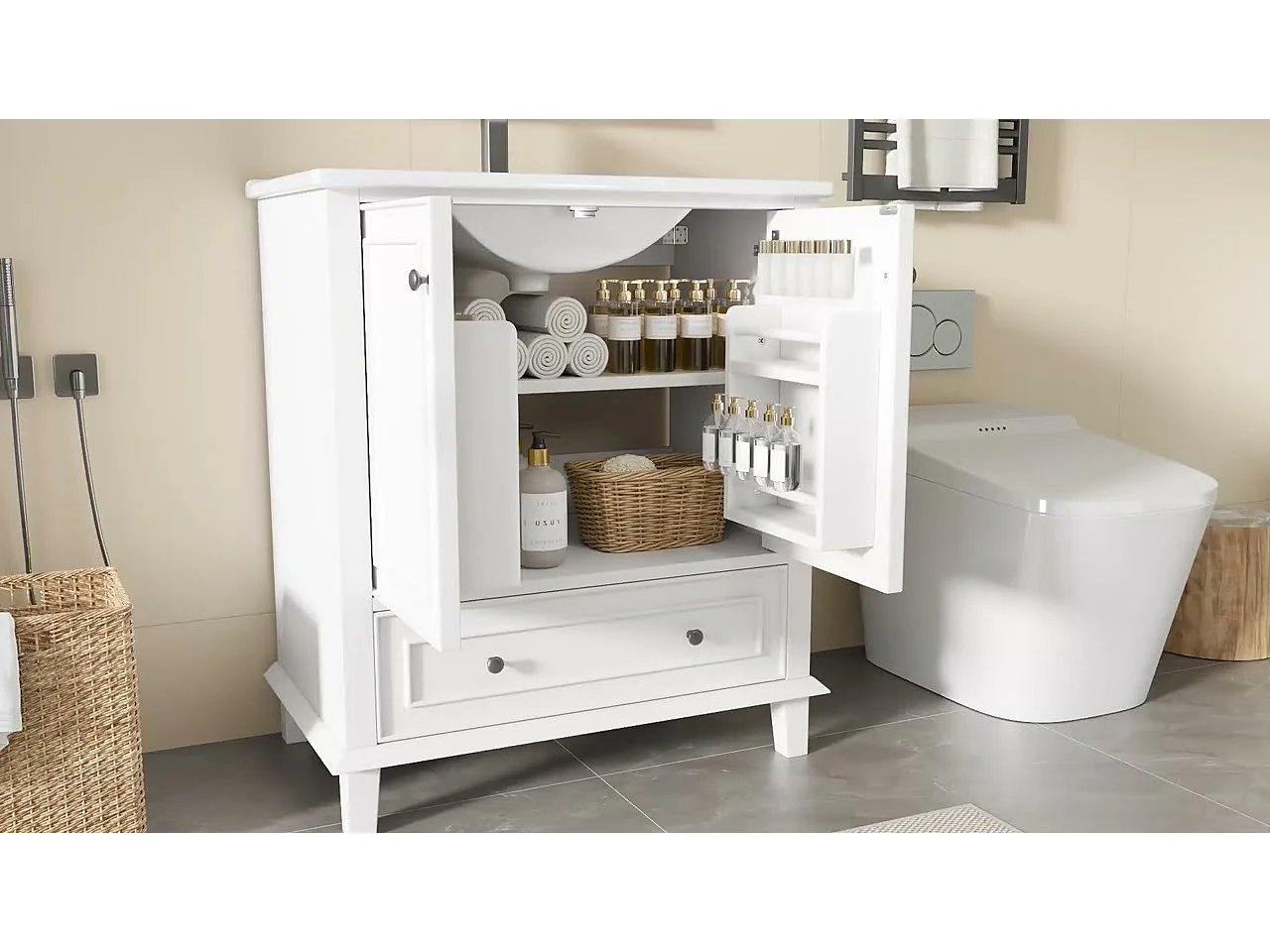 Meuble de salle de bain sur pied - avec une vasque en céramique - 2 portes et 1 tiroir - Blanc(robinet non inclus)