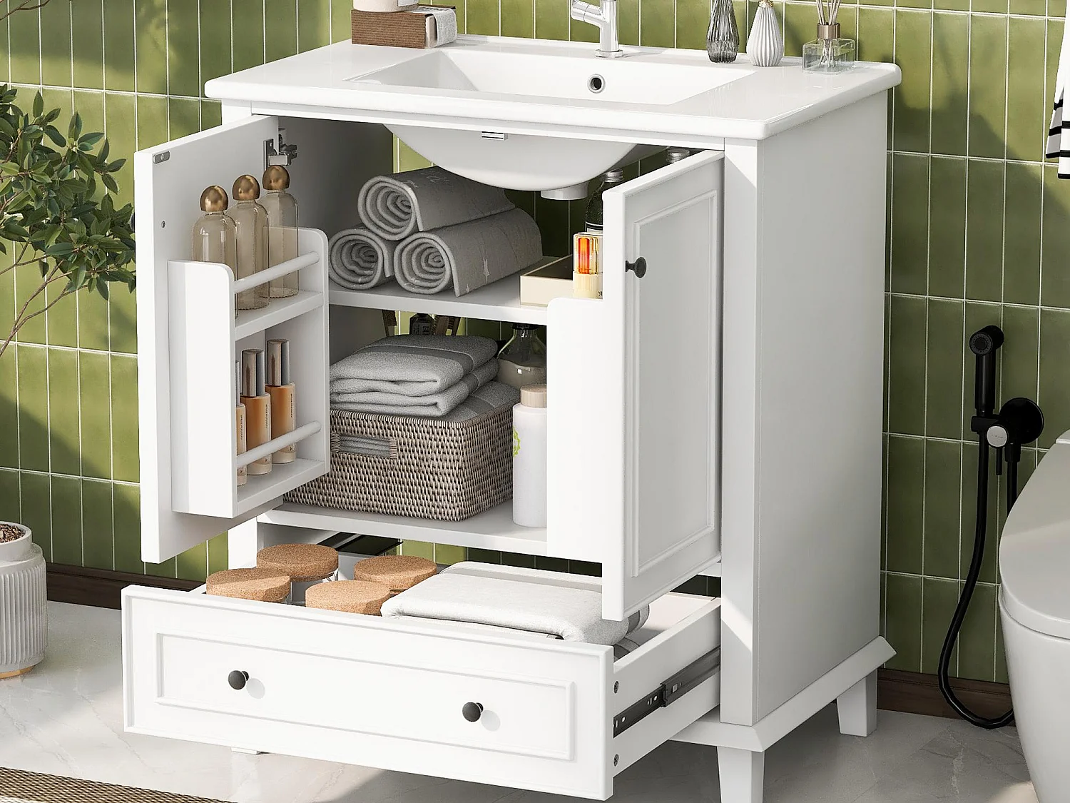 Meuble de salle de bain sur pied - avec une vasque en céramique - 2 portes et 1 tiroir - Blanc(robinet non inclus)