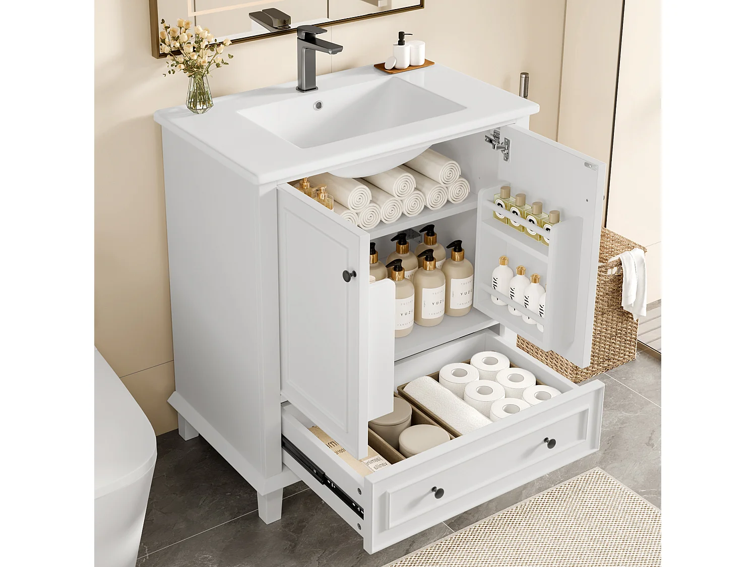 Meuble de salle de bain sur pied - avec une vasque en céramique - 2 portes et 1 tiroir - Blanc(robinet non inclus)