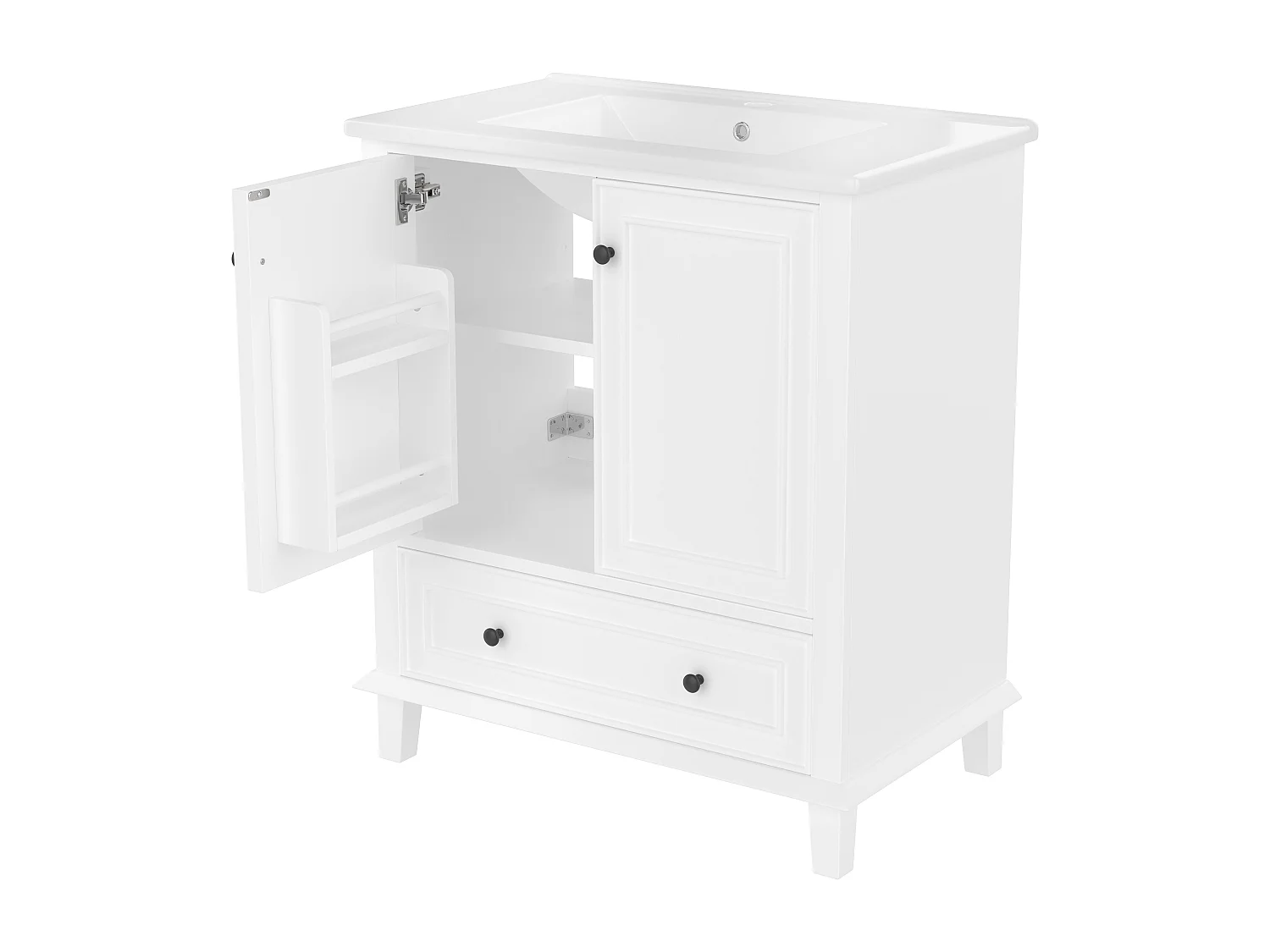 Meuble de salle de bain sur pied - avec une vasque en céramique - 2 portes et 1 tiroir - Blanc(robinet non inclus)