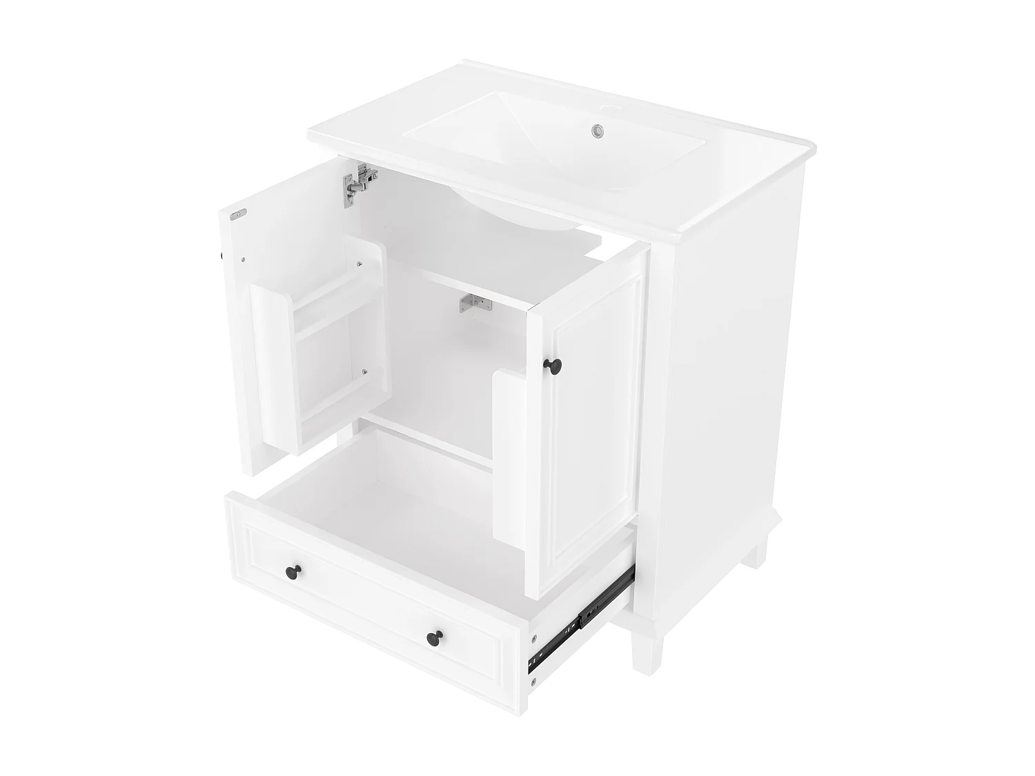 Meuble de salle de bain sur pied - avec une vasque en céramique - 2 portes et 1 tiroir - Blanc(robinet non inclus)