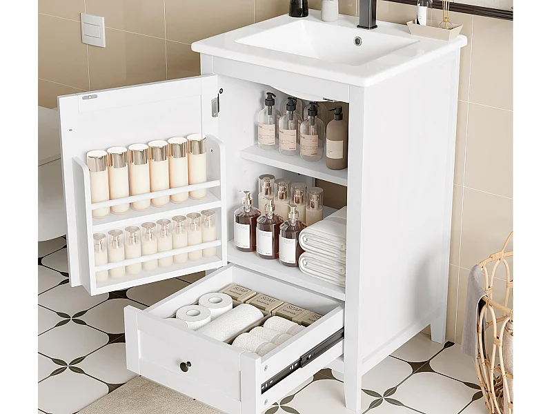 Badezimmerschrank mit Füßen - mit Keramikwaschbecken - 1 Tür und 1 Schublade - Weiß (Armatur nicht enthalten)