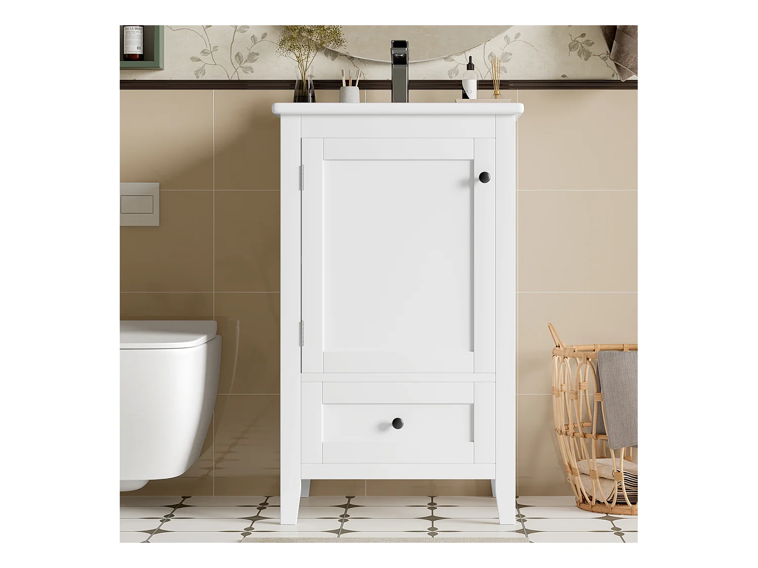 Meuble de salle de bain sur pied - avec une vasque en céramique - 1 porte et 1 tiroir - Blanc(robinet non inclus)