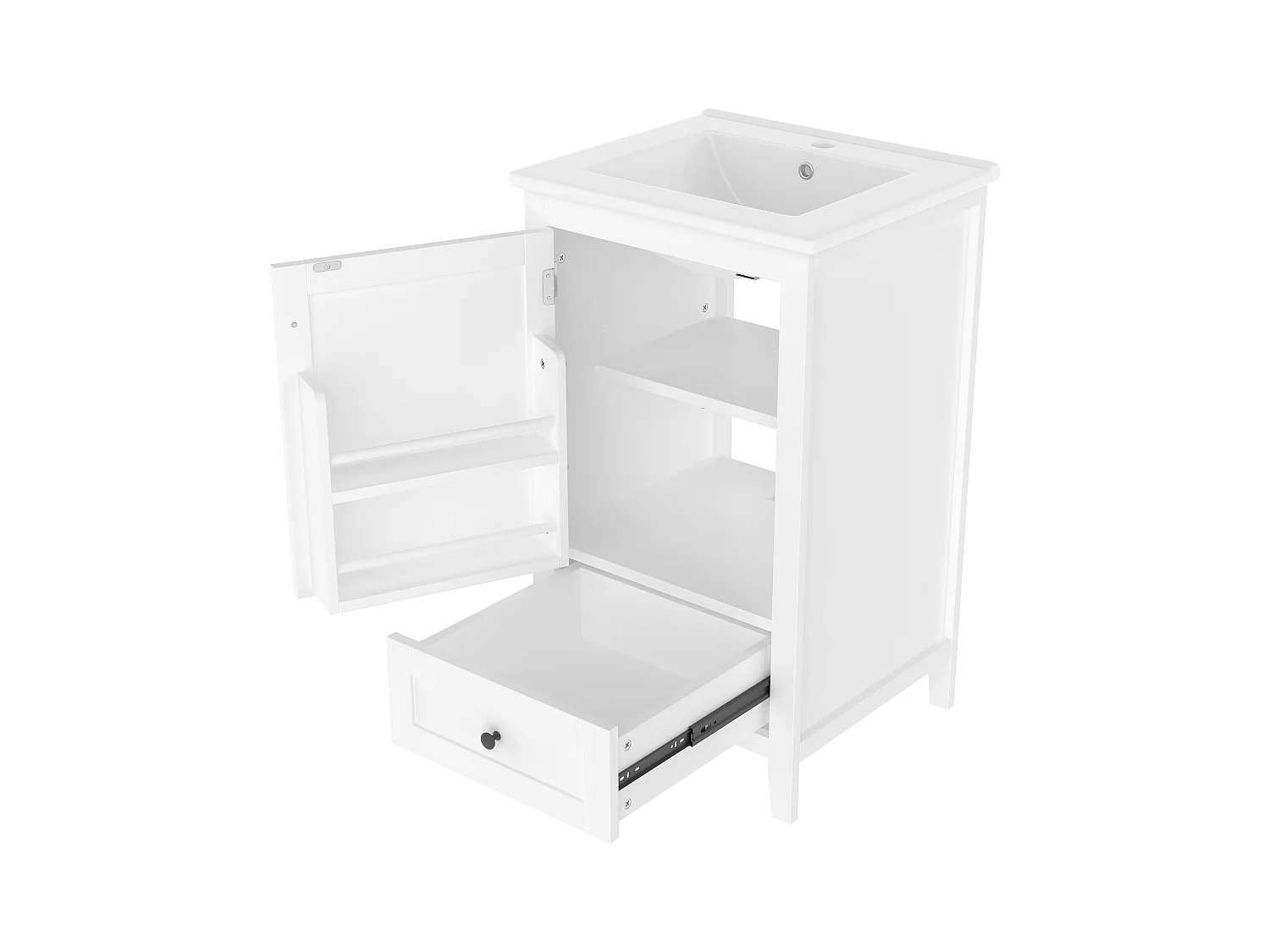 Meuble de salle de bain sur pied - avec une vasque en céramique - 1 porte et 1 tiroir - Blanc(robinet non inclus)