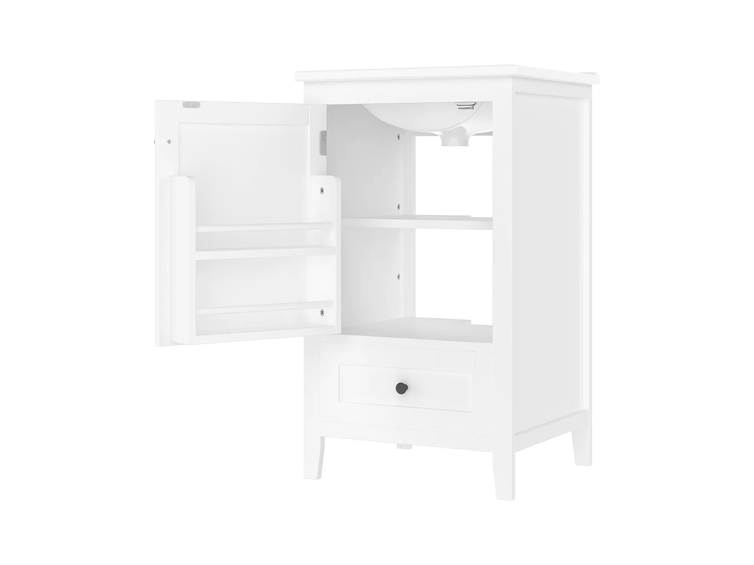 Meuble de salle de bain sur pied - avec une vasque en céramique - 1 porte et 1 tiroir - Blanc(robinet non inclus)